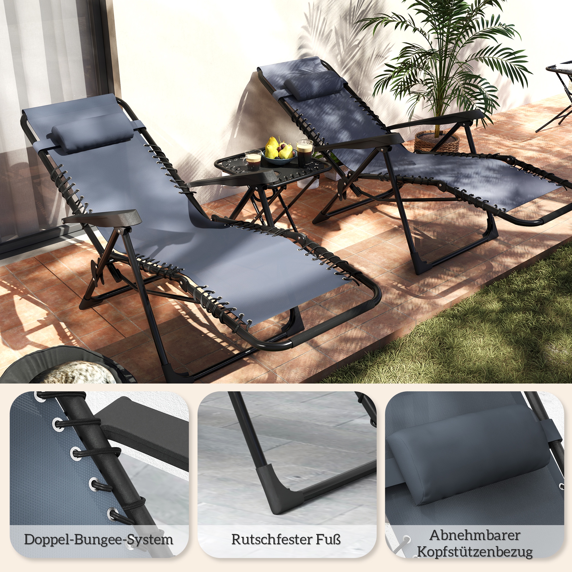 Sonnenliege 2er Set klappbar Zero Gravity Liegestuhl mit Kopfstützen Beistelltisch inklusive 2 Getränkehalter