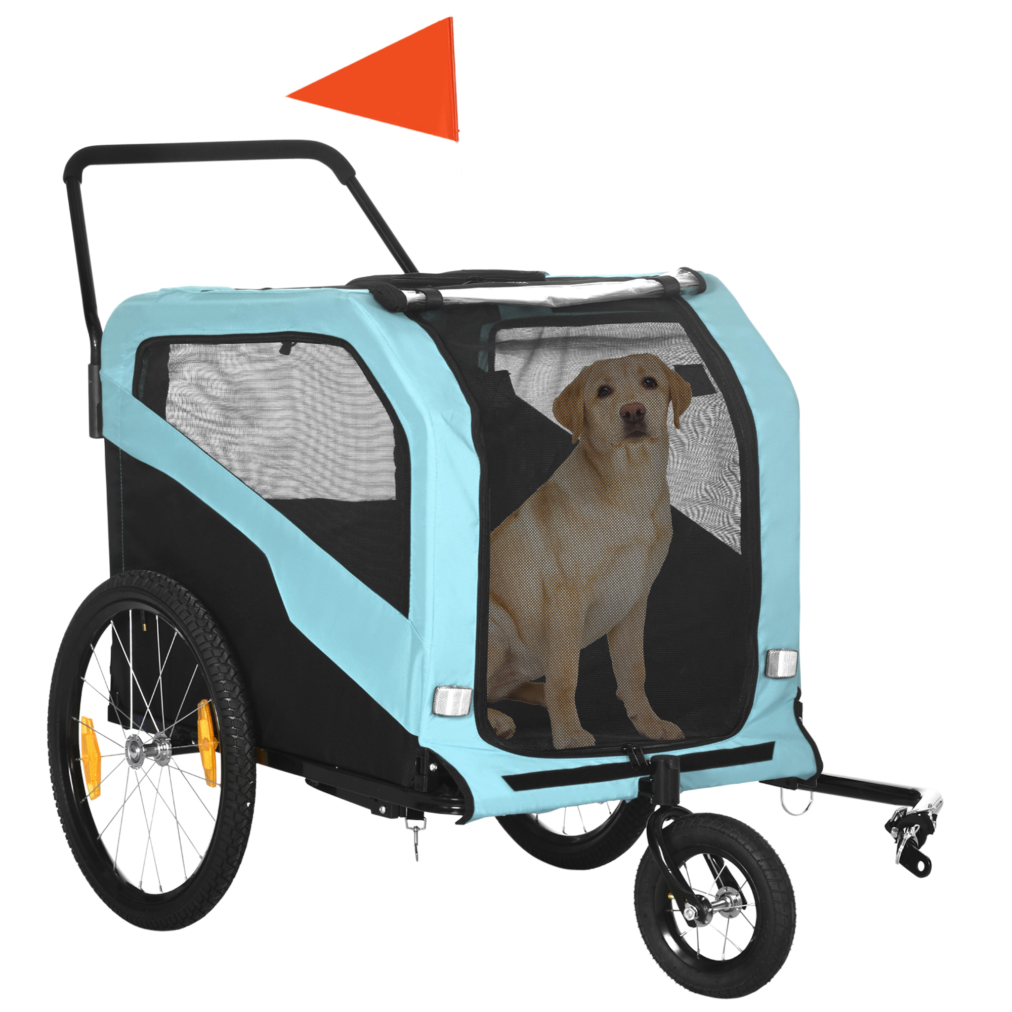2-in-1 Hundeanhänger Hundewagen Fahrradanhänger bis 30kg klappbar Schiebefunktion 2 Eingänge Netzfenster Sonnenschutz Stahlrahmen hellblau 170 x 77 x 90 cm