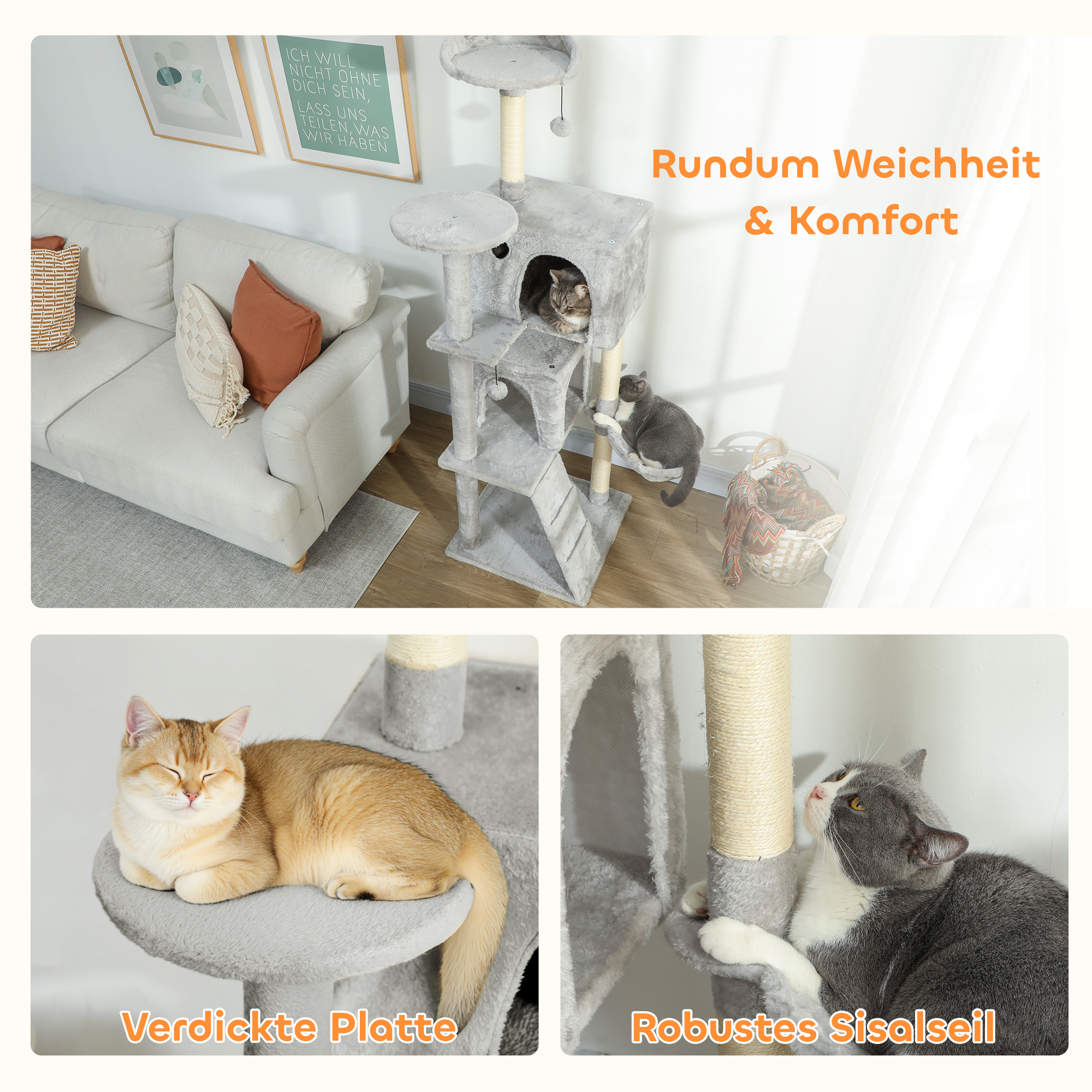 160 cm Katzenkratzbaum, mehrere Ebenen, Sisal-Kratzpfosten, Höhlen, Plüsch-Plattformen, Hängematte, Leiter, Spielbälle