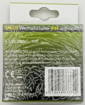 MILOS Wechsel-Schalter IP44, 250V~/ 10A, inkl. Rahmen, UP, anthrazit