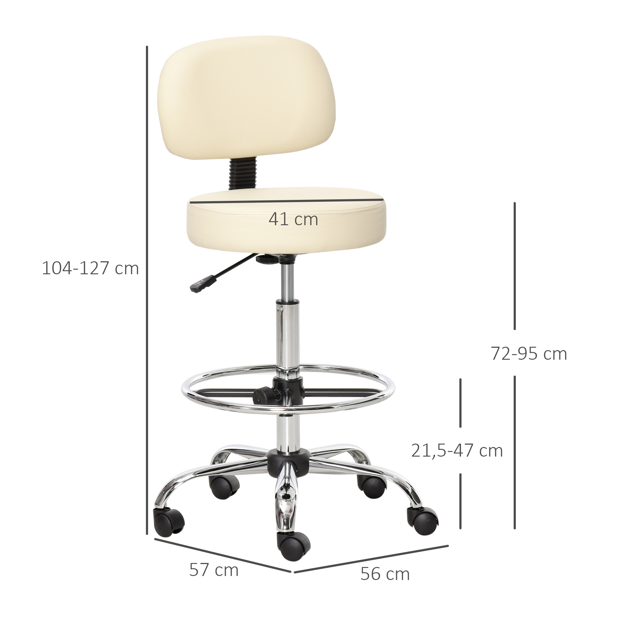 Barhocker Drehstuhl Höheverstellbarer Barstuhl mit Rollen aus Kunstleder-Leder Arbeitshocker Bürohocker 360° schwenkbar mit Lehne Gepolstertet Beige 56 x 57 x 104-127 cm