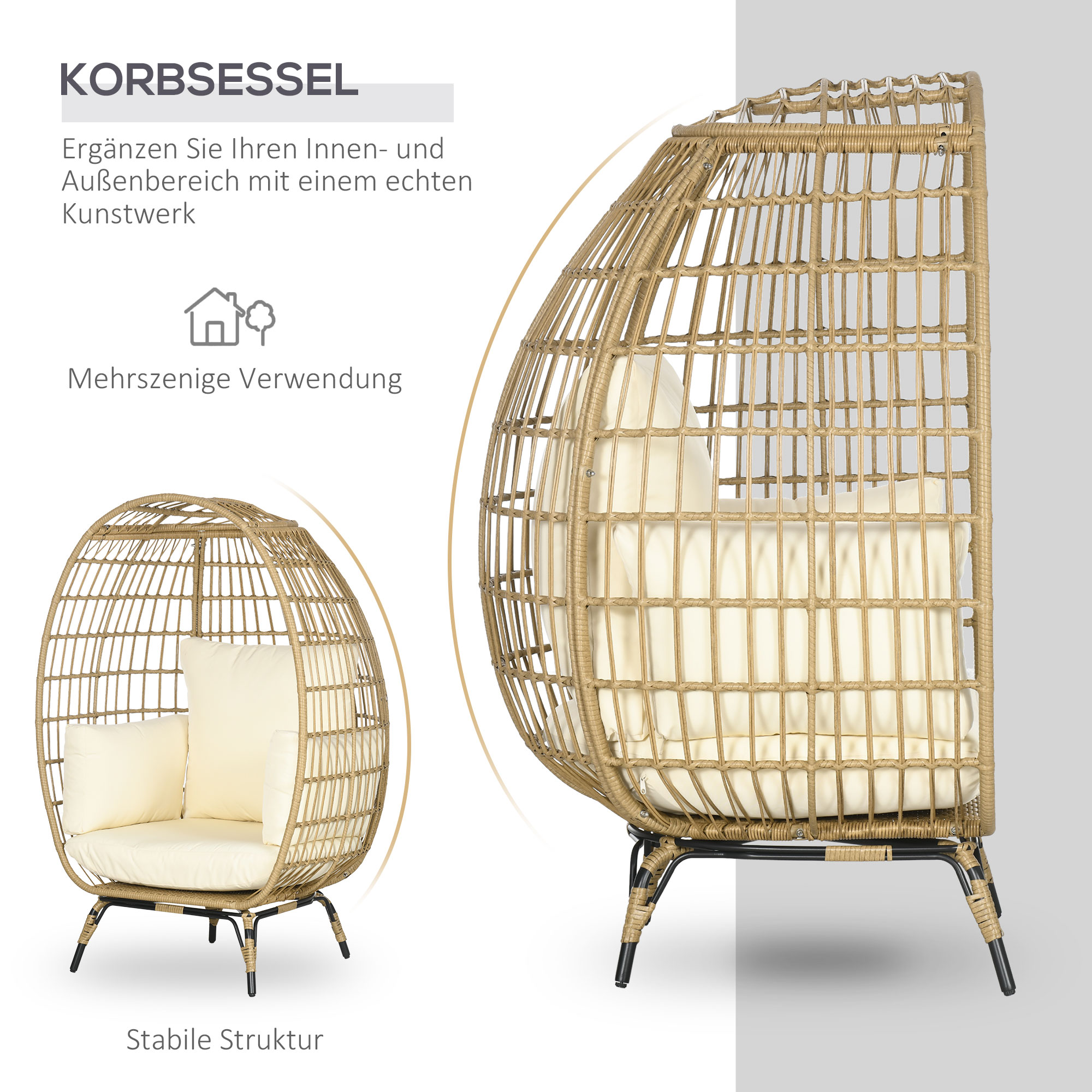 Korbstuhl in Rattanoptik, weiche Sitzkissen, Aluminiumrahmen, khaki+beige, 105 x 90 x 148 cm