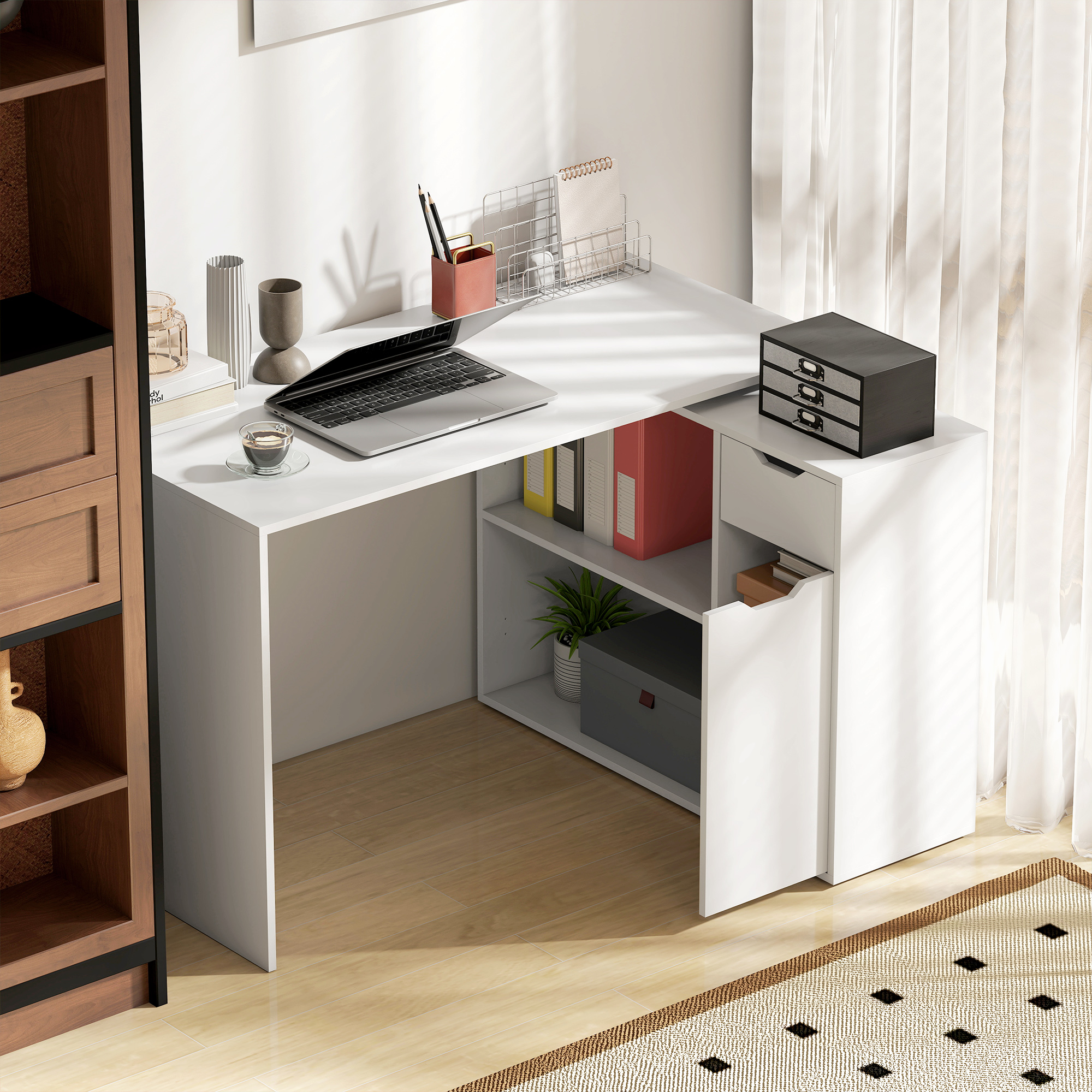 Flexibler Schreibtisch, 2-stufiger Schrank, Schublade, offene Fächer, Holz, Weiß