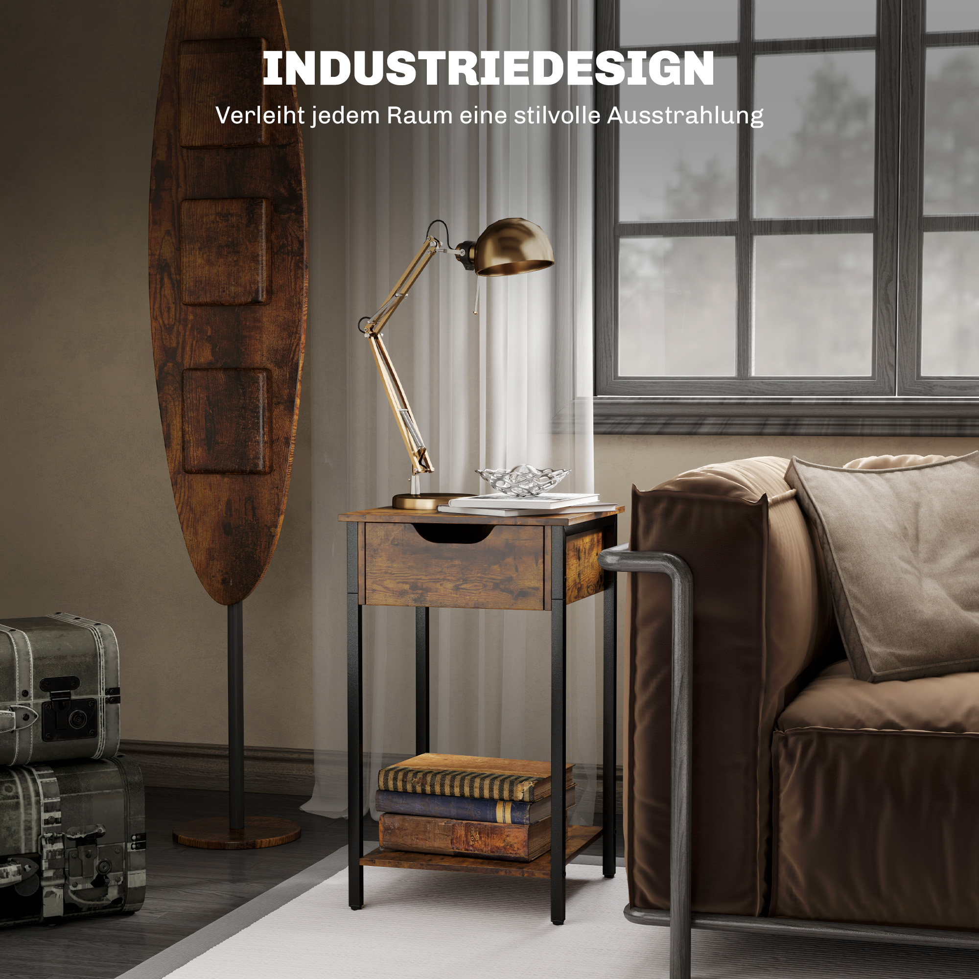 Beistelltisch im Industriestil, Schublade, Ablagefach, Metallrahmen, Holz, 40 x 40 x 68 cm, Braun