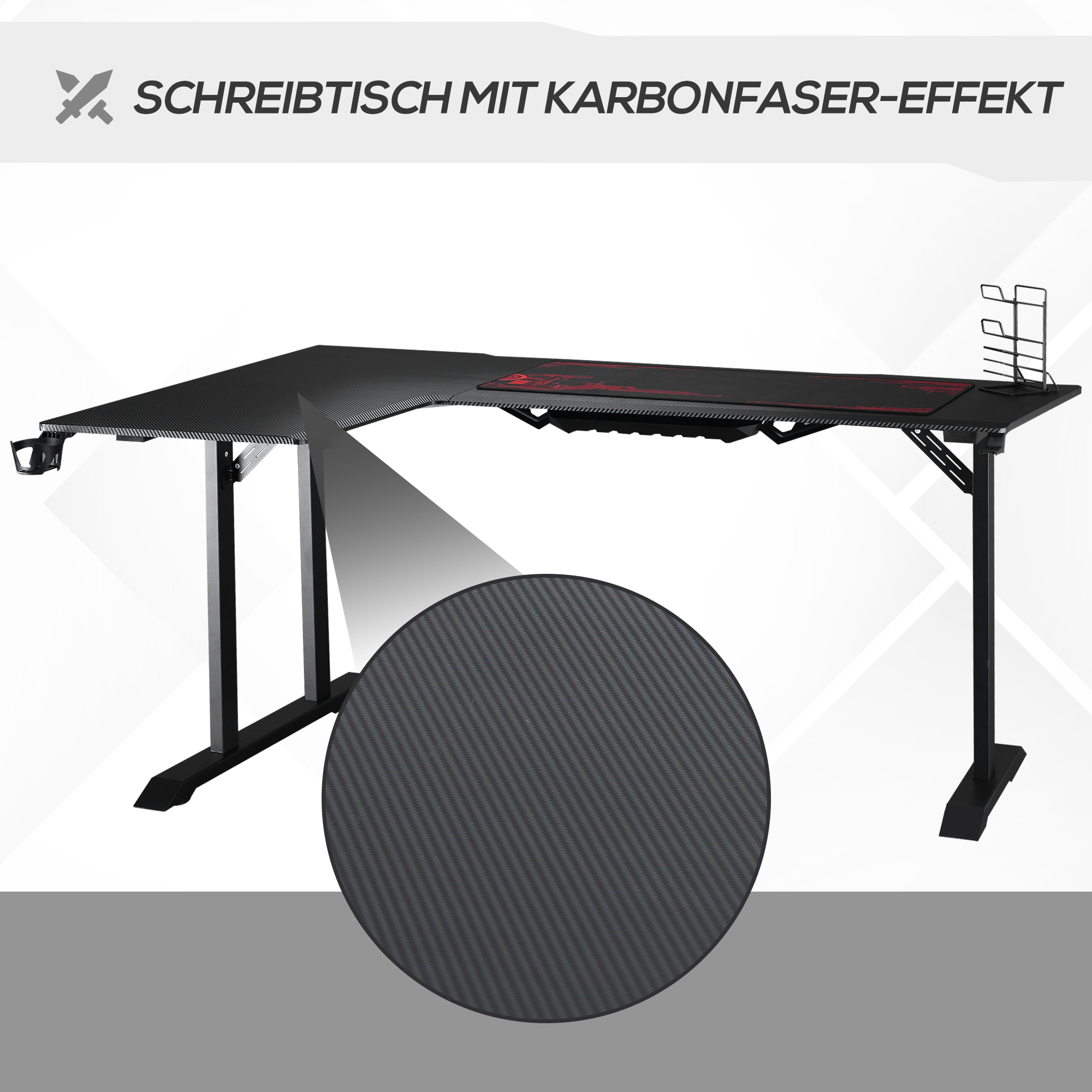 Gaming Tisch Schreibtisch L-förmige mit Kopfhörerhaken Getränkehalterung Computertisch MDF Metall Schwarz+Rot 168 x 109 x 78 cm