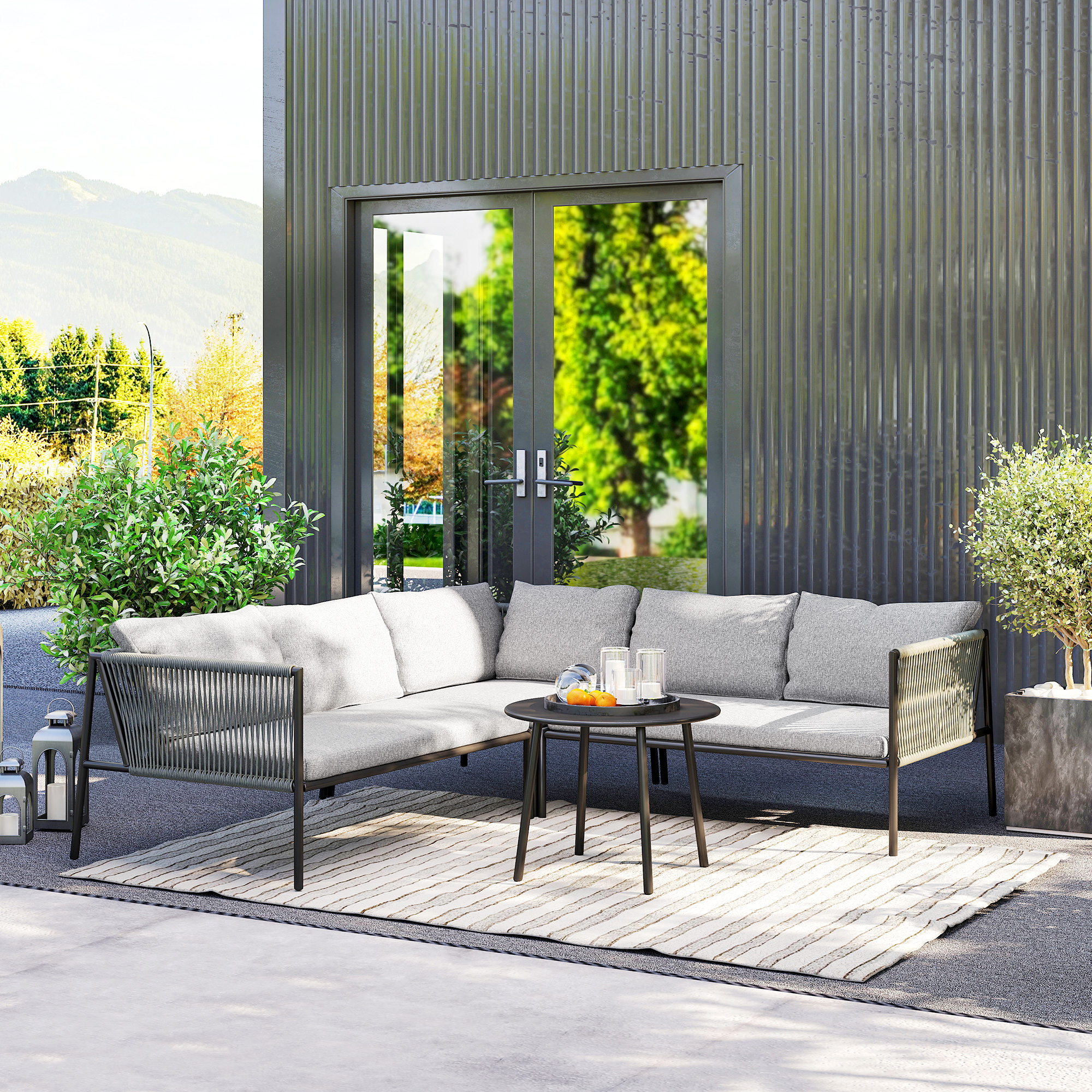 Gartenmöbel Set Polyrattan Lounge-Set mit Ecksofa Tisch Kissen für 6 Personen Dunkelgrau