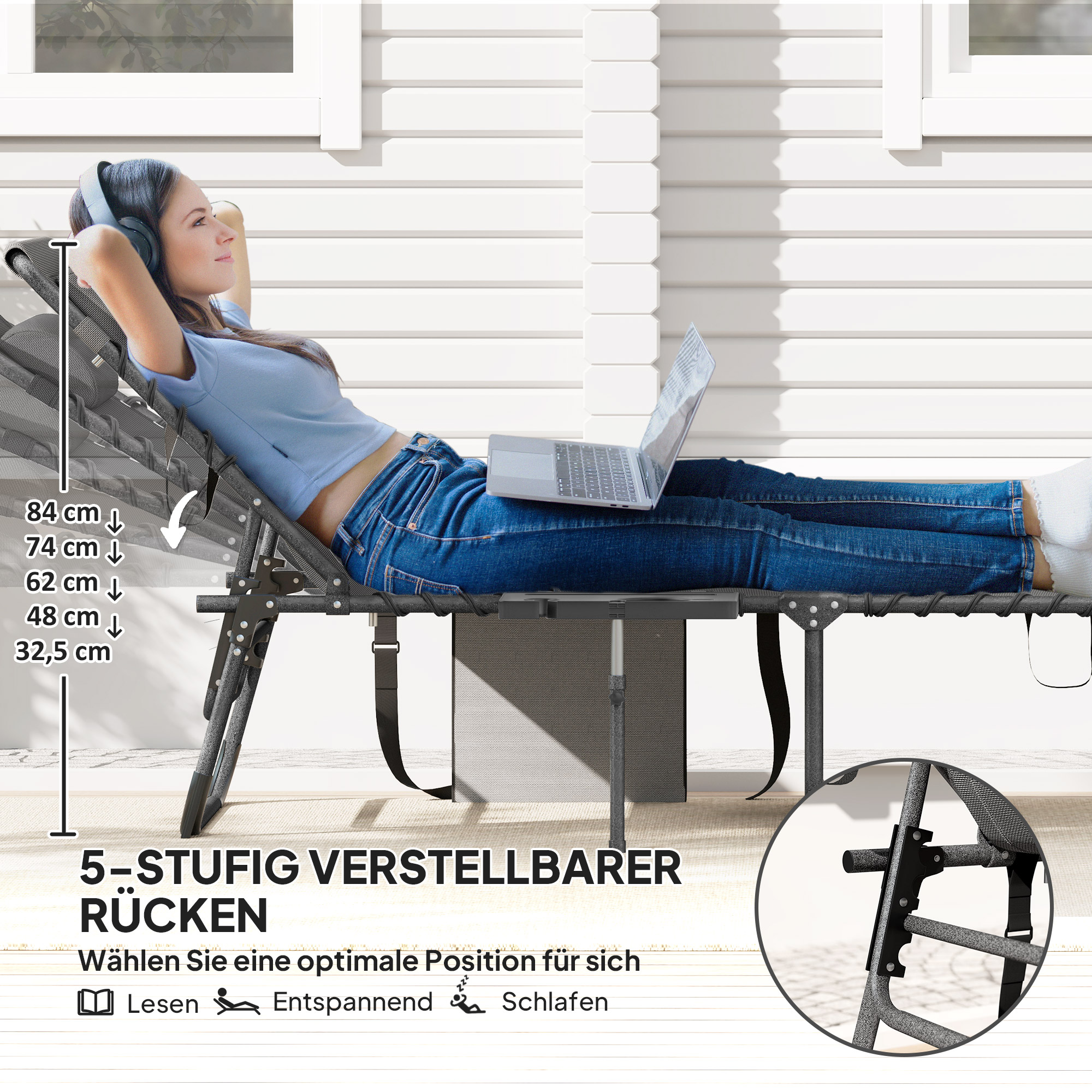 Sonnenliege klappbar Gartenliege mit Kopfkissen, Liegestuhl mit 5-Fach verstellbare Rückenlehne bis 120 kg