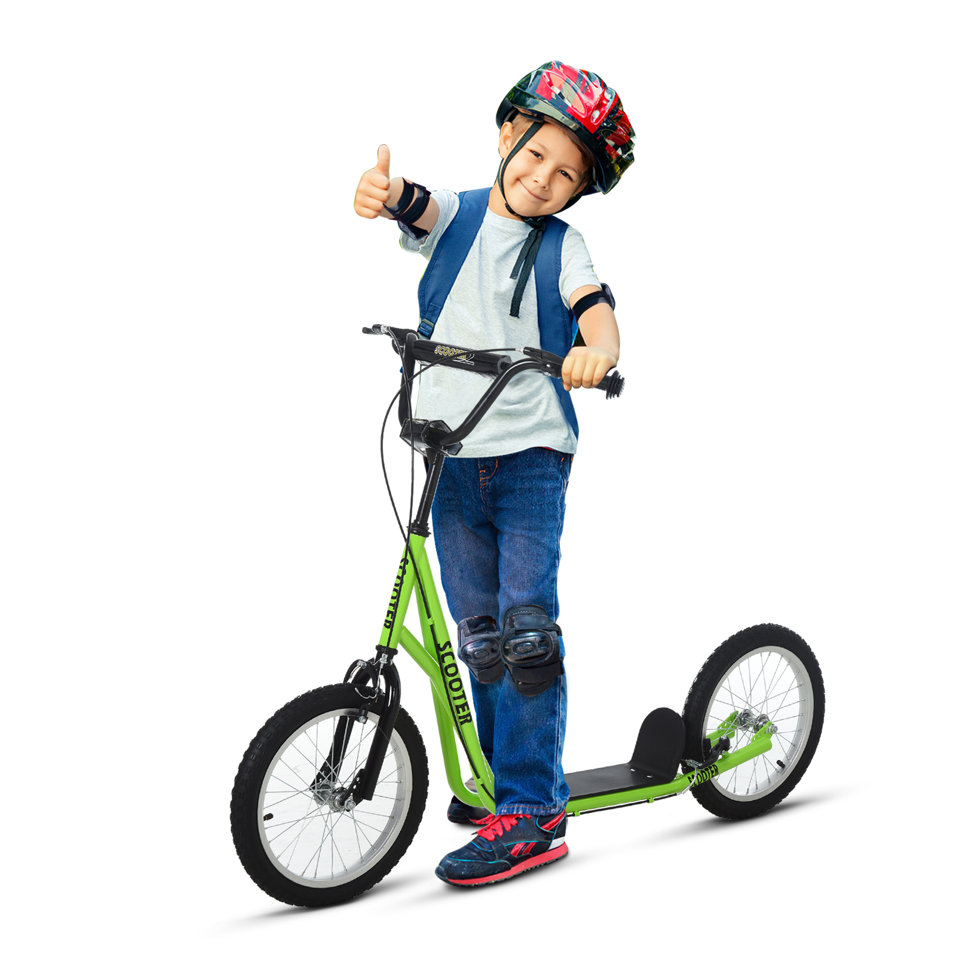 Kinderroller Scooter Tretroller Cityroller Kickscooter Roller Kinder Kickboard mit Luftreifen und Handbremse Scooter Kinder ab 5 Jahre 16 Zoll Grün 139 x 58 x 90-96 cm