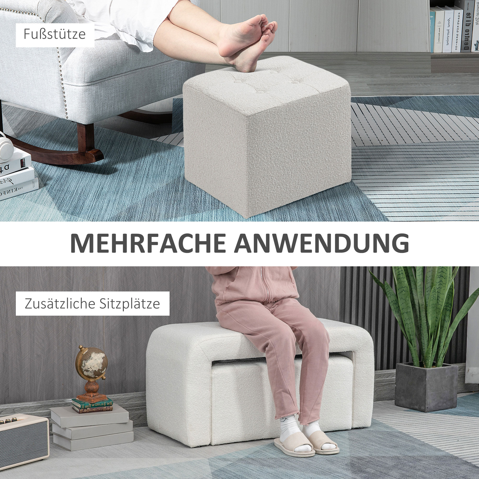 Fußhocker-Set Fußhocker 3-teilig, Knopfheftung, 89 cm x 42,5 cm x 45 cm, Creme