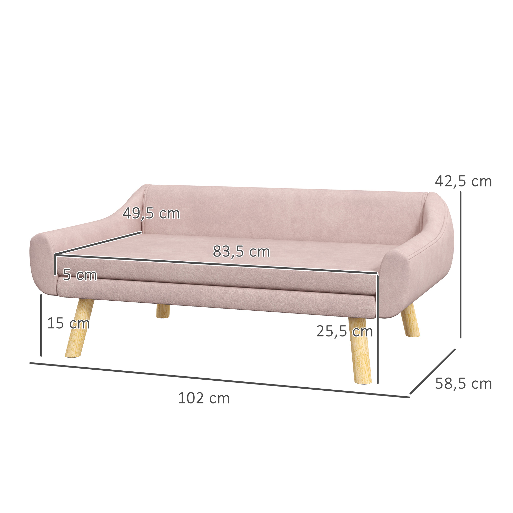 Haustiersofa Hundesofa, Skandidesign, abnehmbares Polster, Samtoptik, 102 cm x 58,5 cm x 42,5 cm, Rosa + Natur
