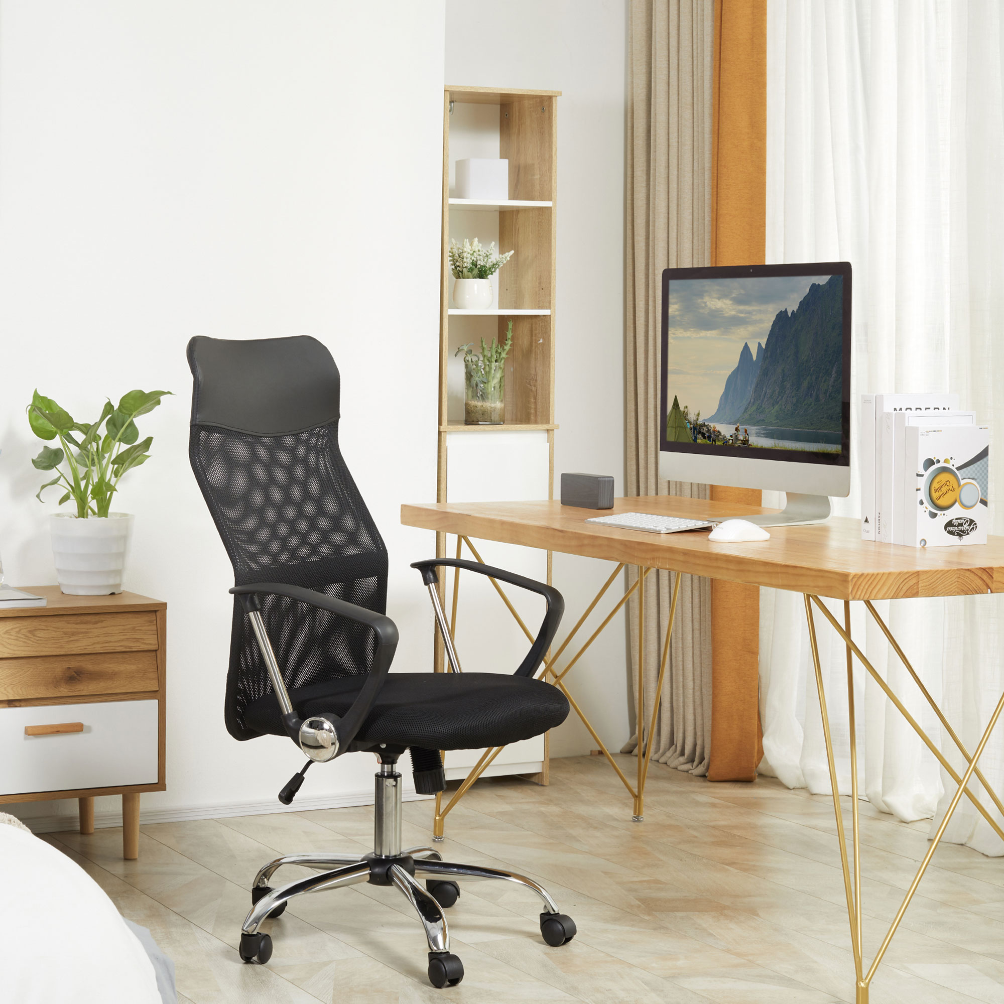 Ergonomischer Bürostuhl, Gaming Stuhl, Drehstuhl mit Wippenfunktion, höhenverstellbarer Schreibtischstuhl, Schaumstoff, Netz, Schwarz,  63 x 65 x 109-119 cm