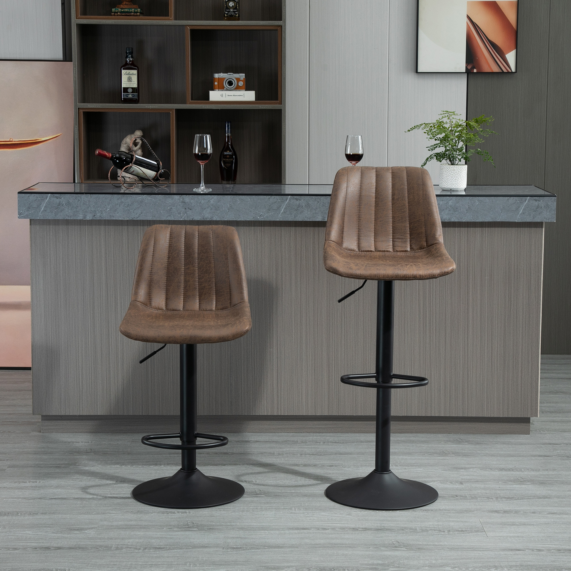 2er-Set Barhocker im Retrodesign, inkl, Fußstütze, höhenverstellbar, Gaslift, Braun + Schwarz