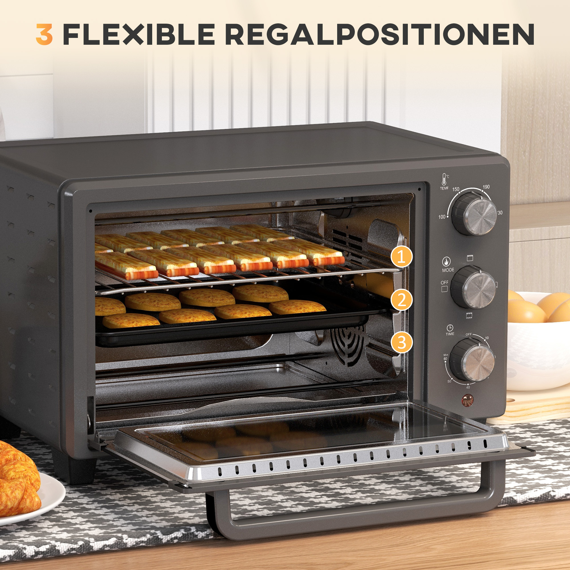 Minibackofen, 21 L Toasterofen mit 1 Drahtgestell und 1 Backblech, 3 Kochmodi, 100 °C-230 °C, Edelstahl, Glas, Grau