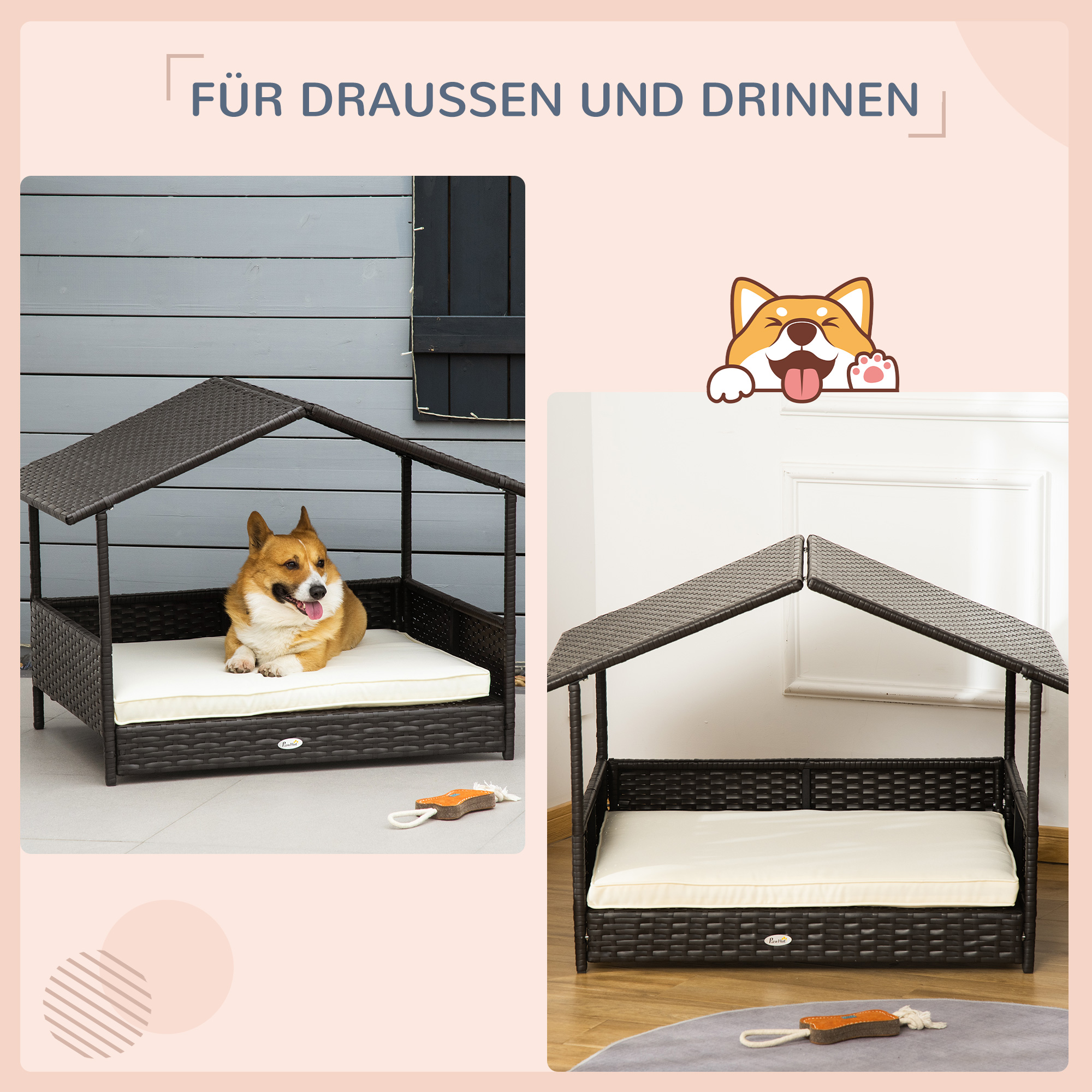 Rattan Hundeliege Outdoor mit Dach, erhöhtes Hundebett für kleine und mittelgroße Hunde, Kühlendes Haustierliege mit Metallrahmen, Kissen für Draußen, 69 x 98 x 70 cm, Kaffee-Braun