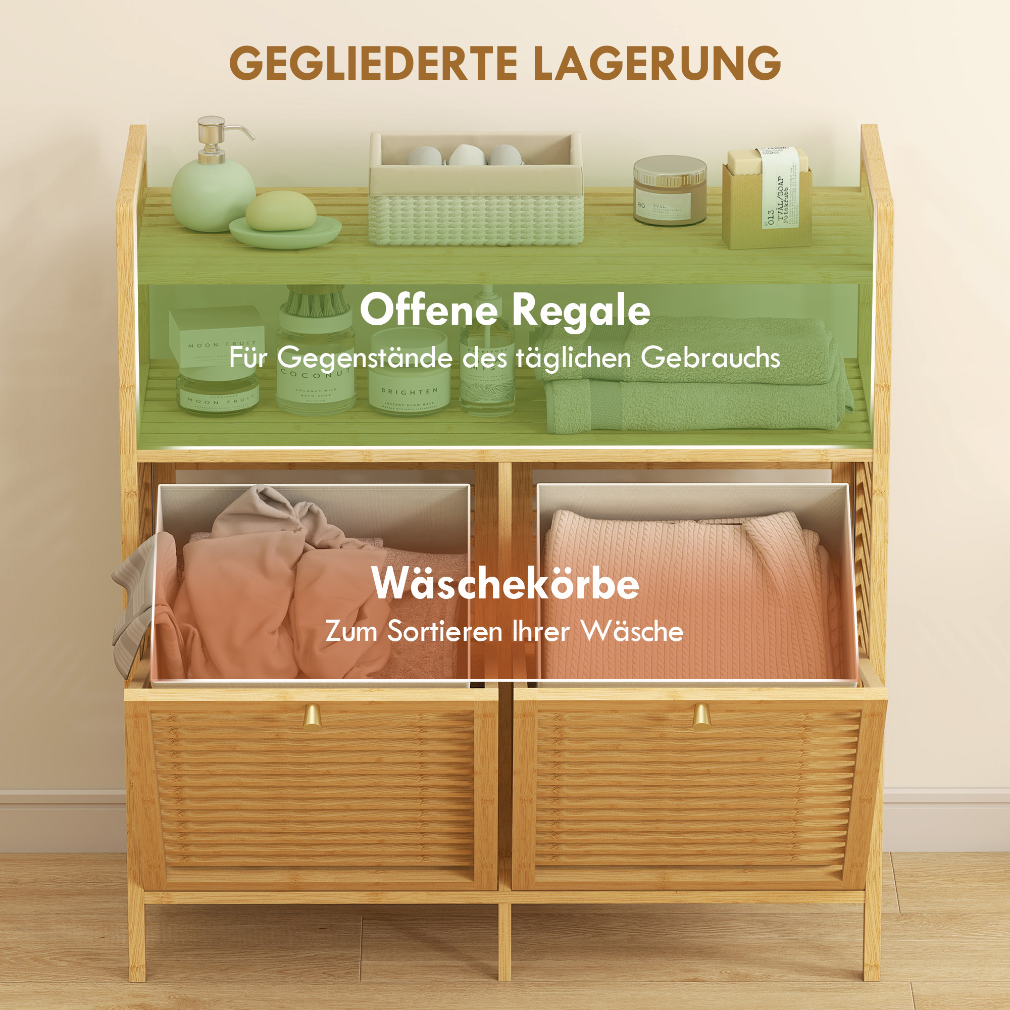 Wäscheregal mit 2 Wäschekörben, freistehendes Bambusregal für Badezimmer, Waschküche, Naturholz+Cremeweiß