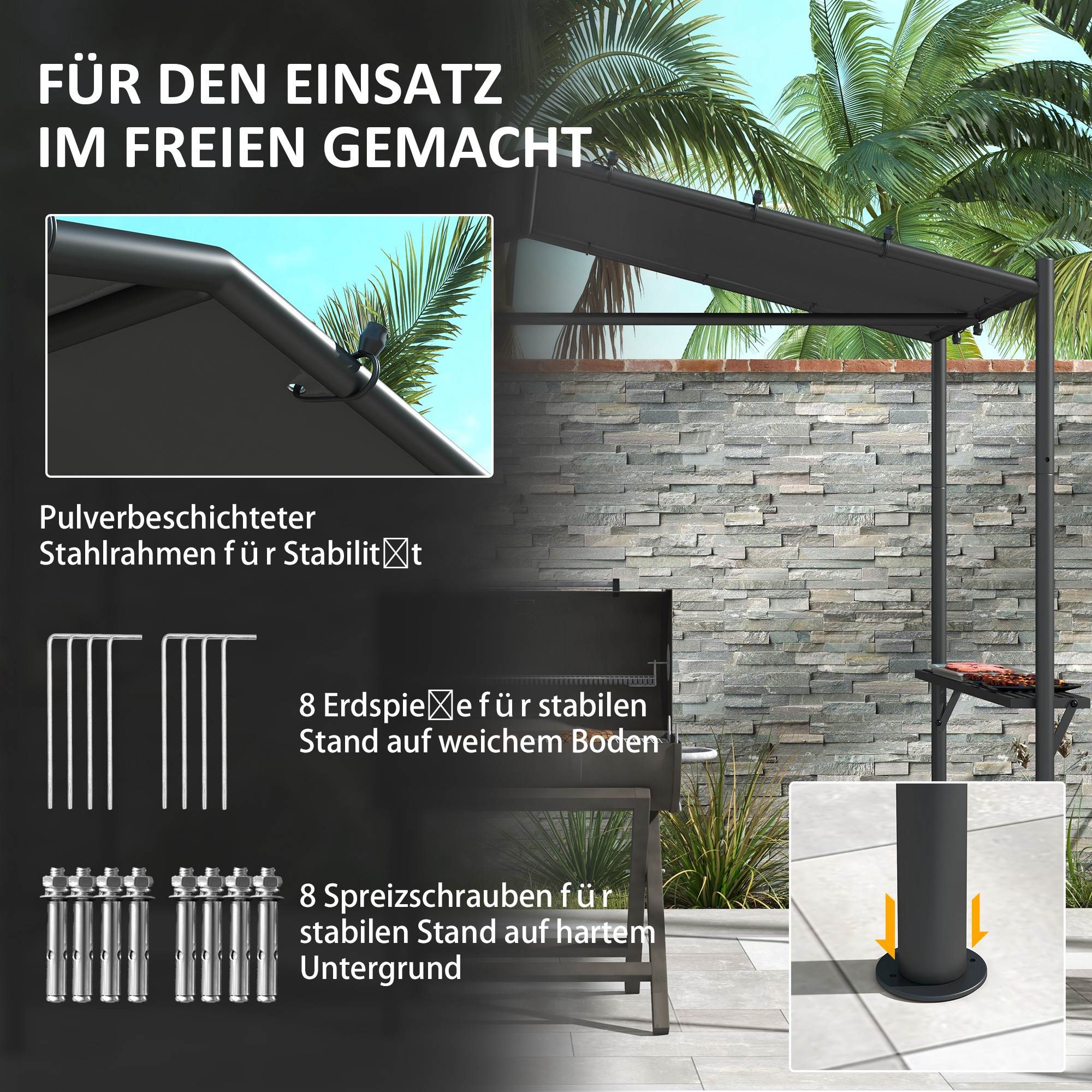 Grillzelt Grilldach, wetterbeständig, inkl, Seitentaschen, 277 x 149 x 230 cm, Dunkelgrau