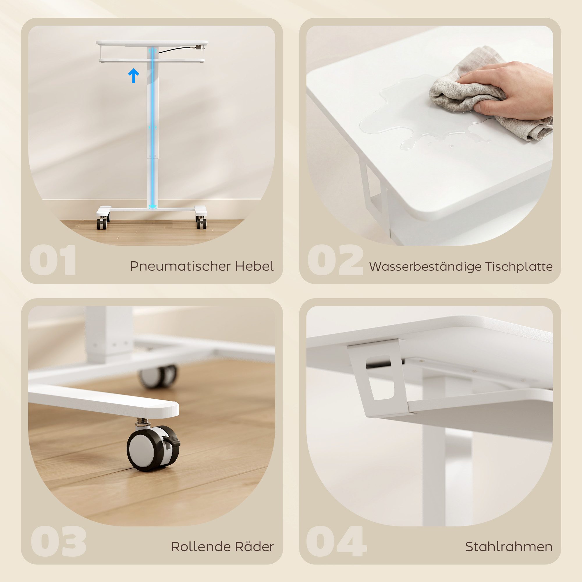 Höhenverstellbarer Stehschreibtisch, Rollbarer Sit-Stand-Schreibtisch mit Tastaturablage, Rollen und Stahlrahmen, Weiß