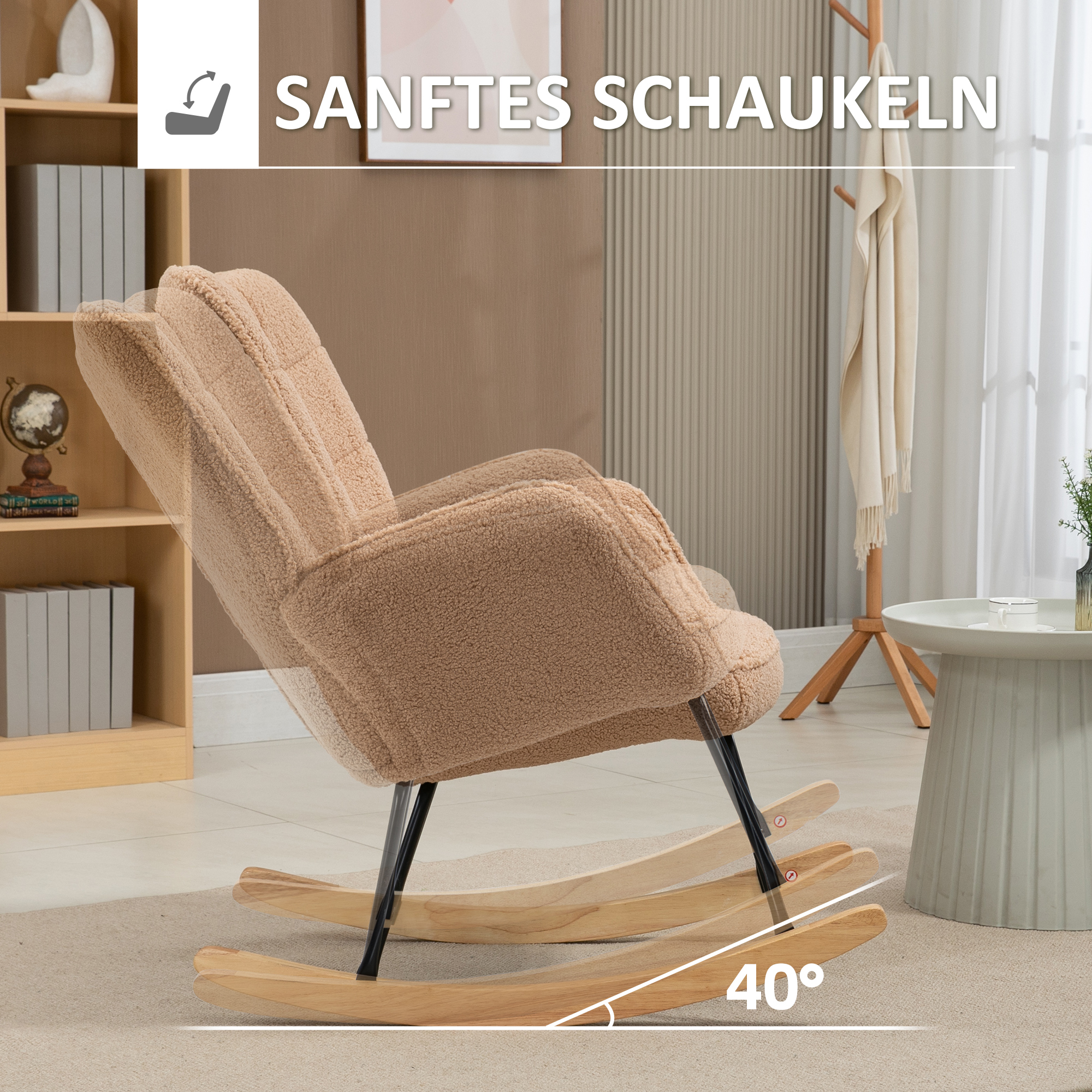 Schaukelstuhl im Retro-Design, Massivholz, Sessel, Relaxsessel, 98 cm x 71 cm x 101 cm, Braun