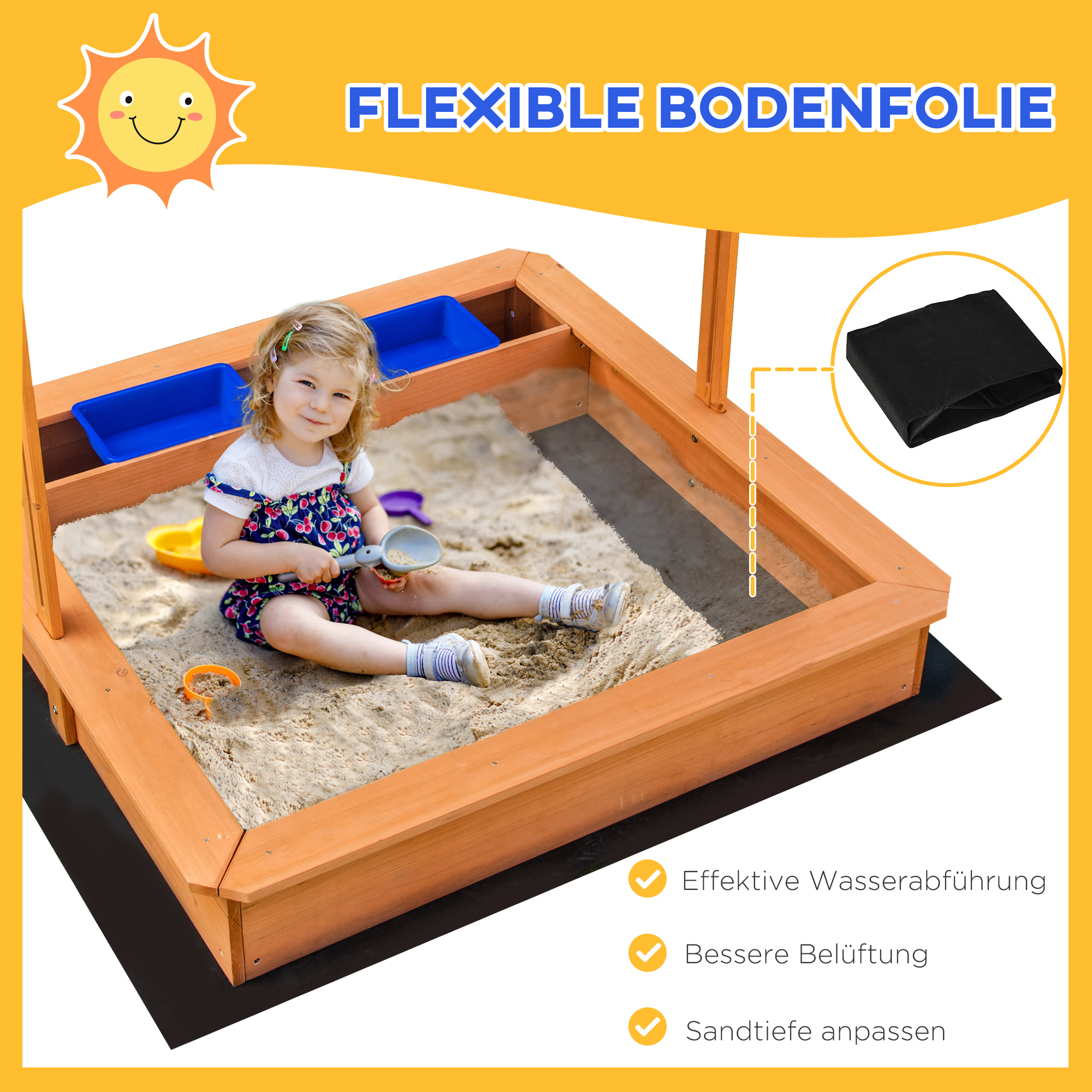 Sandkasten Sandkiste Holz Bodenloses Design Matsch-Bereich für Kinder 3-7 Jahre Sandkasten mit Abdeckung Dach für Garten Terrasse Strand Outdoor Gelb 107,5 x 107,5 x 110 cm