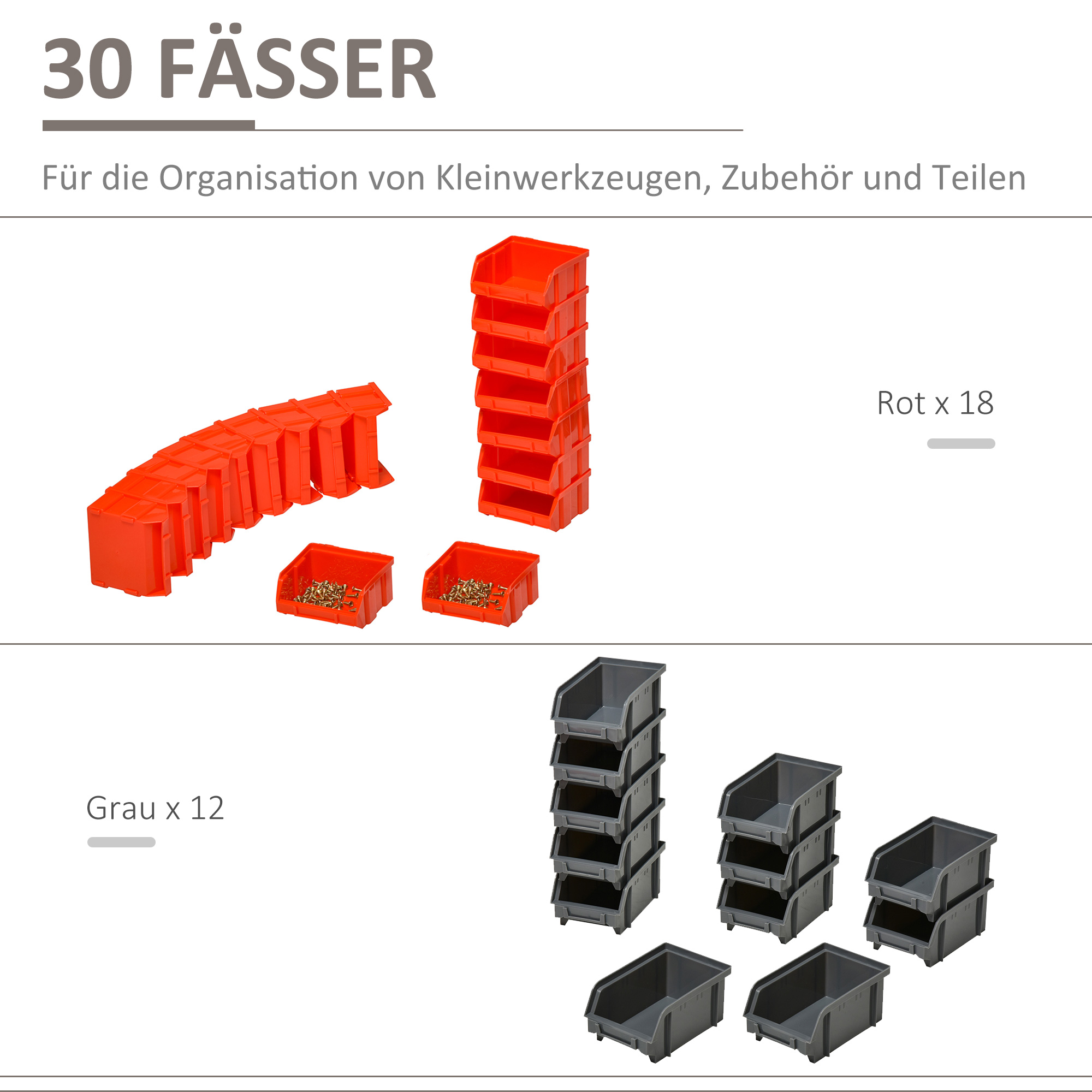 Aufbewahrungs-System Wandregal mit Stapelboxen, 30 Boxen, 2 Lochplatten, 37,5 cm x 18 cm x 63 cm, Rot + Grau+ Schwarz