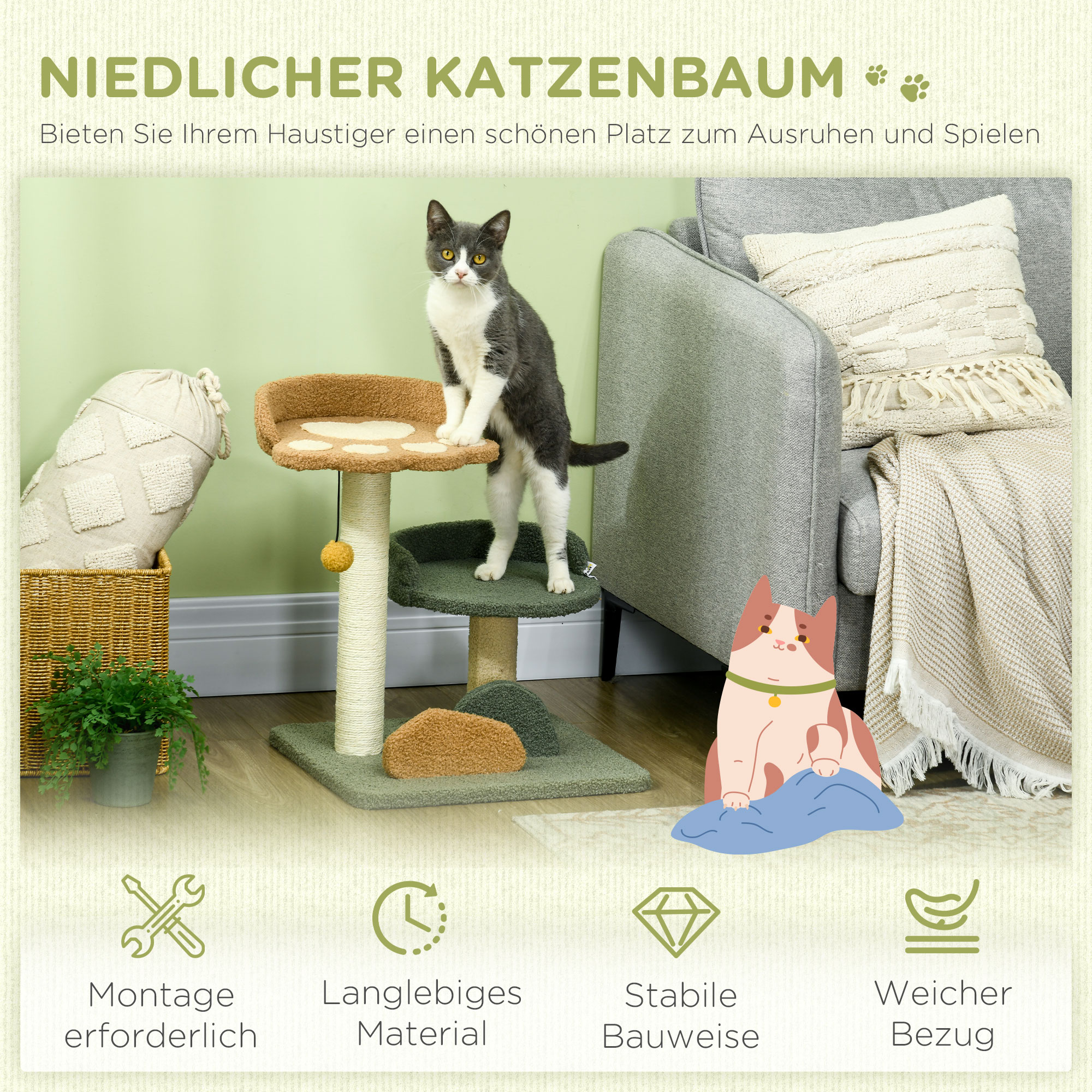 Kleiner Kratzbaum mit 2 Liegeflächen, inkl. Spielzeug, für kleine Katzen, Grün Beige+ Braun