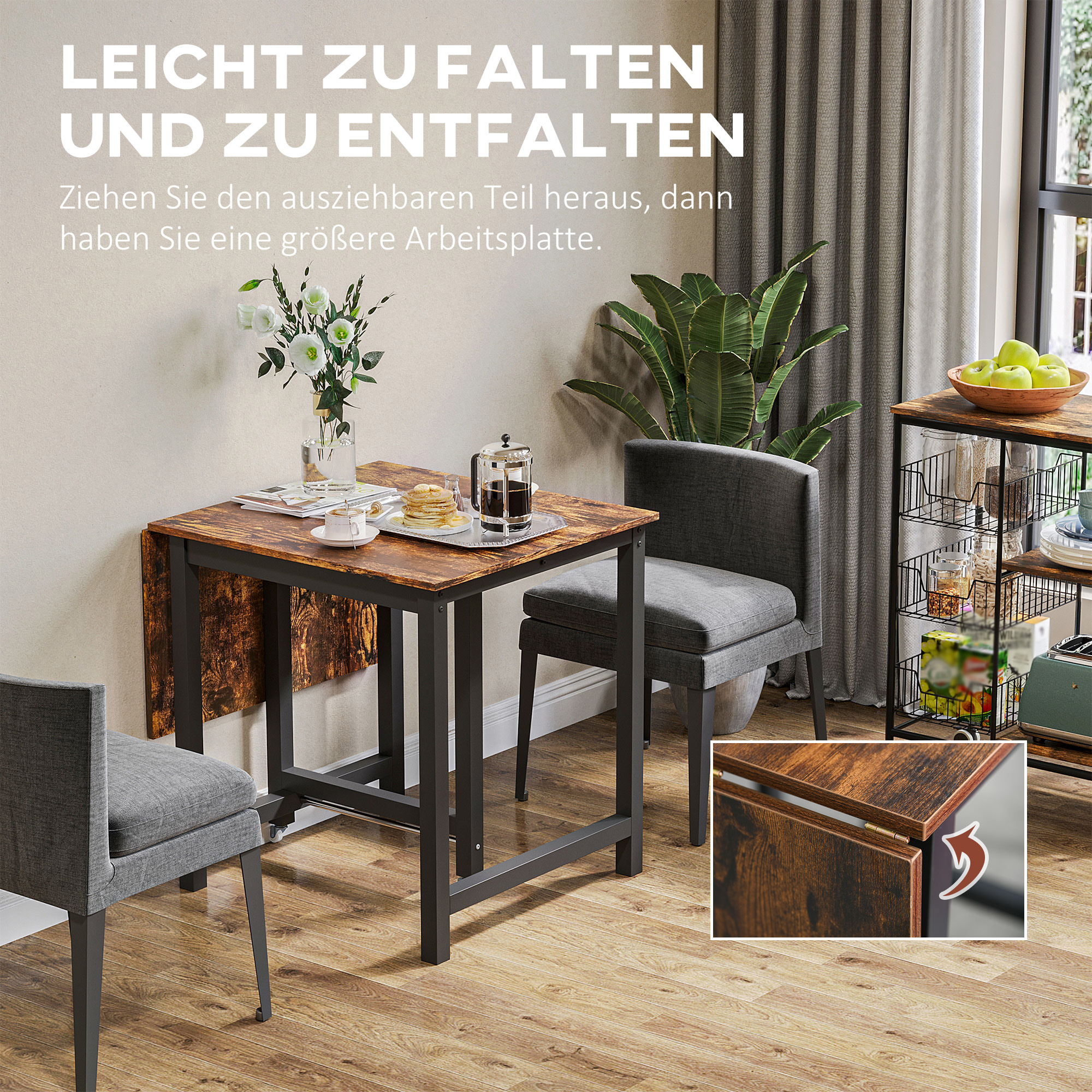 Faltbarer Esstisch, Industrieller Tisch, klappbar, aus Metall und Holz, platzsparend, Braun