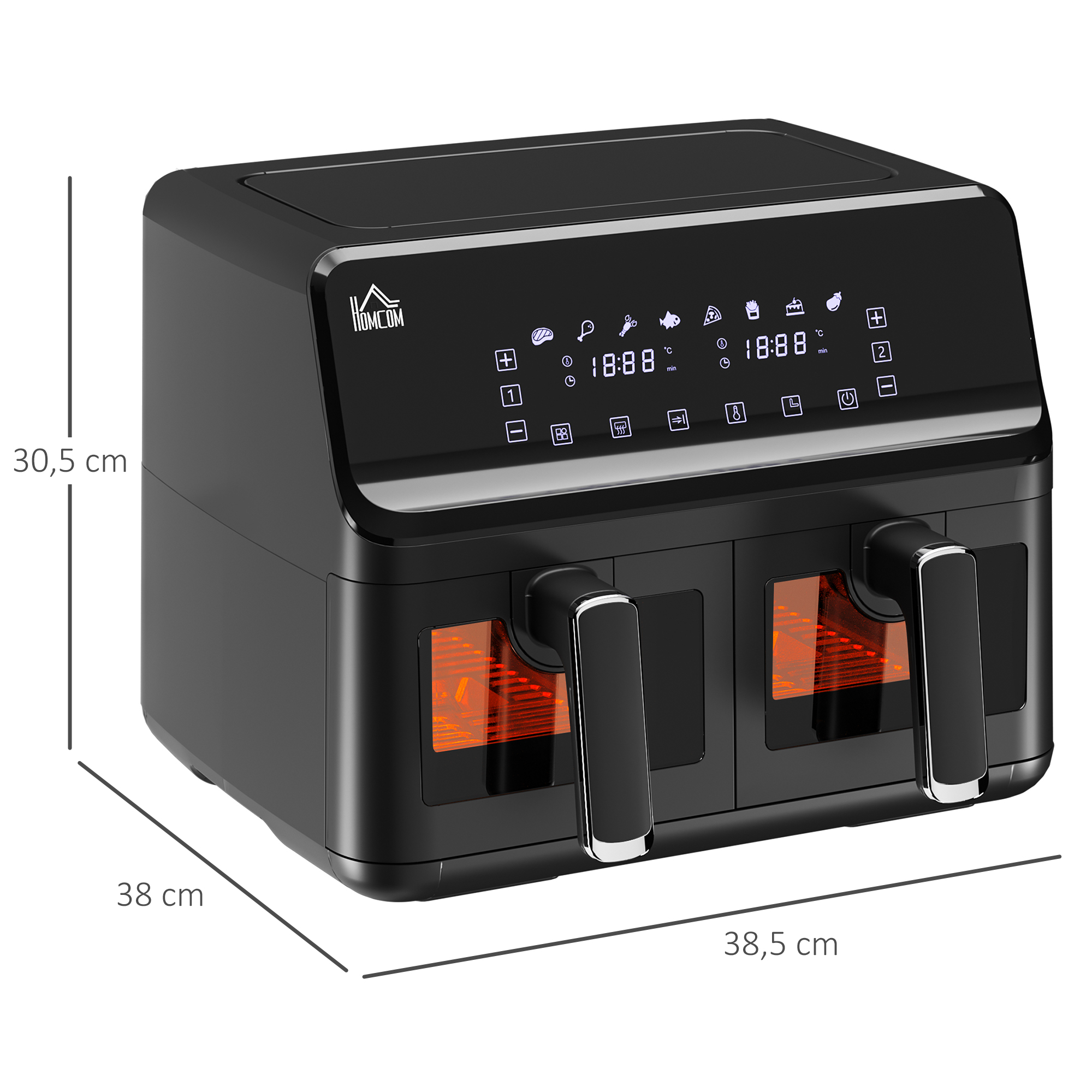 Heißluftfritteuse, 2 Frittierkörbe á 4 Liter, 8 Programme, Licht, Timer, 38,5 x 38 x 30,5 cm, Schwarz