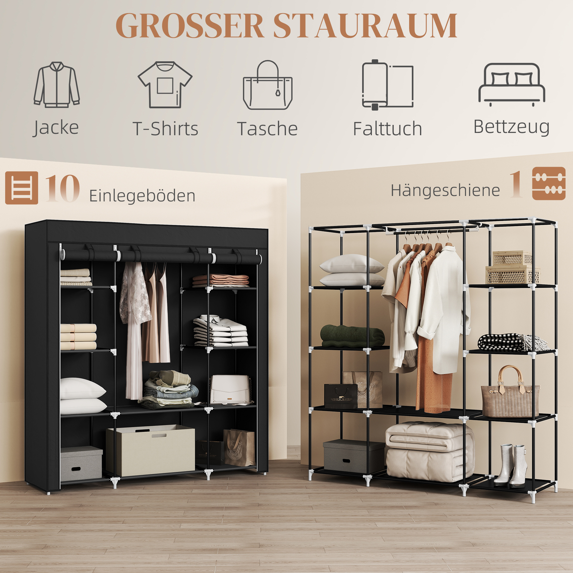 Stoffschrank aus Vlies, Faltschrank, 1 Kleiderstange, 9 Regale, 150 cm x 43 cm x 162,5 cm, Schwarz