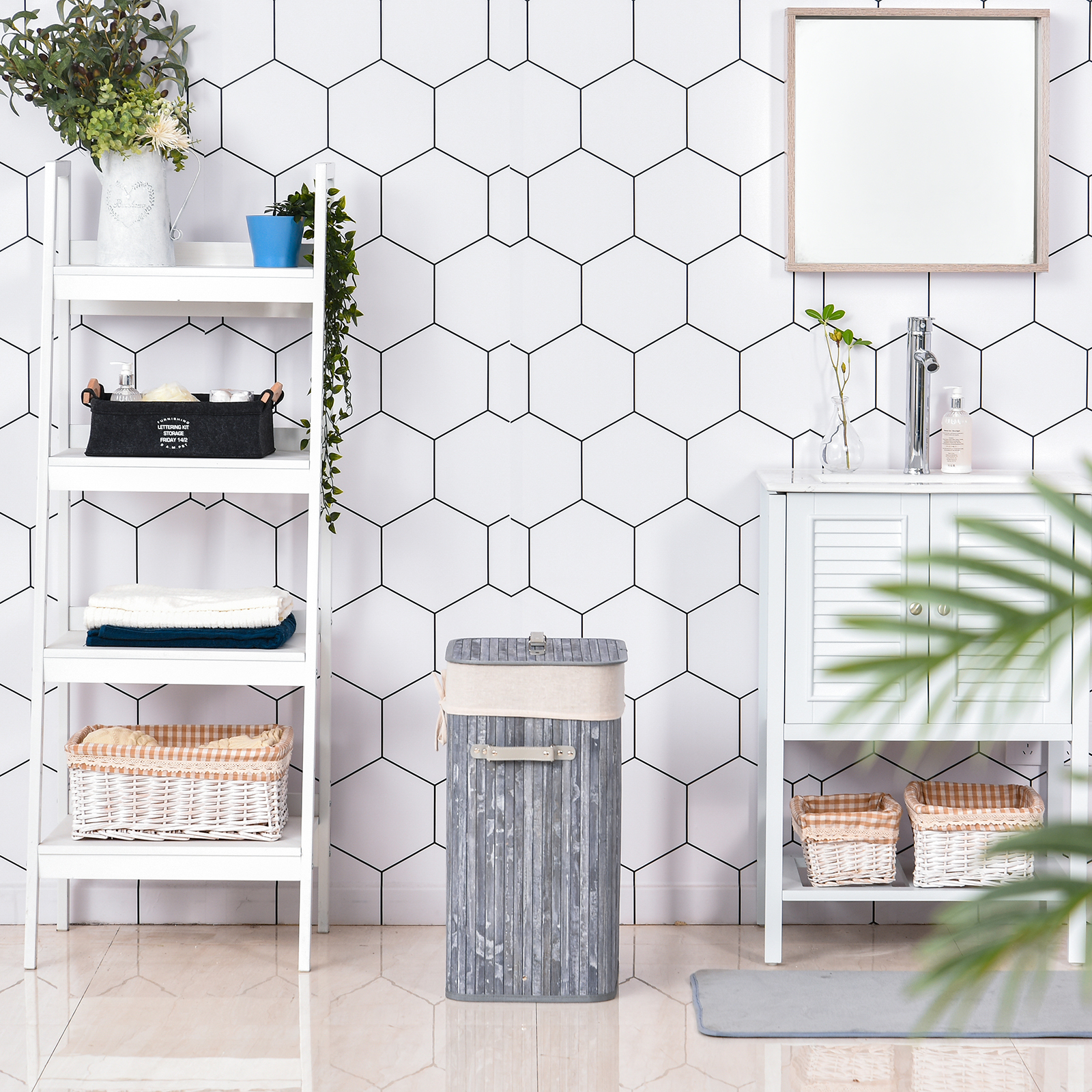 Wäschekorb schmal mit Deckel 72L Wäschesammler mit Griff, herausnehmbarer Wäschesack, Wäschebox für Waschküche Schlafzimmer Badezimmer, Grau