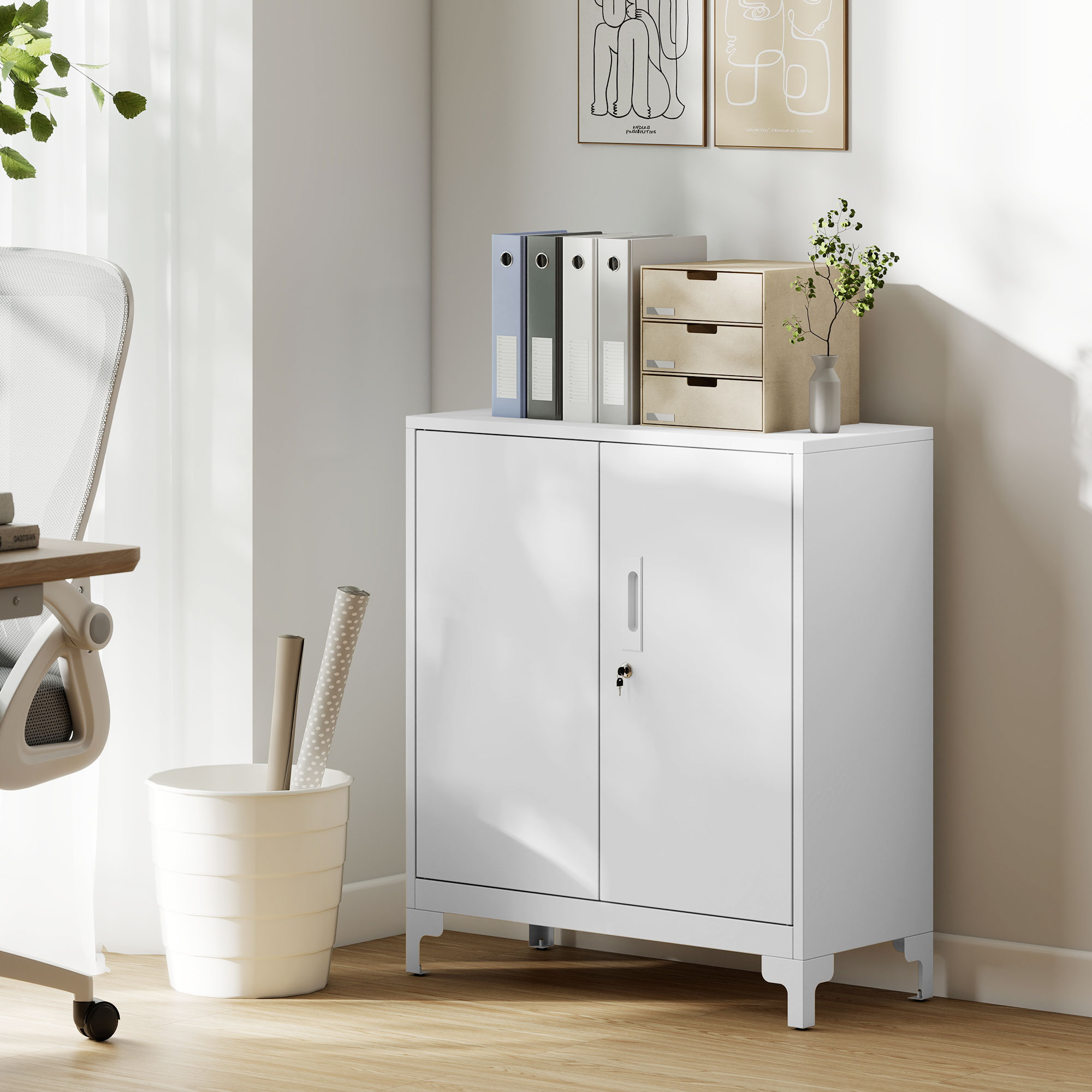 Büroschrank aus Metall, verschließbare Türen, Bürokommode, 2-stufiges Design, Weiß