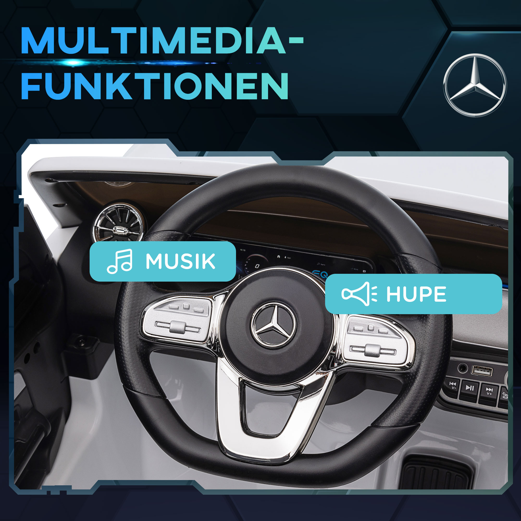Elektro Kinderauto, lizenzierter Mercedes-Benz EQA, 3-8 km/h, Musik, Scheinwerfer, Hupe, Fernsteuerung, weiß