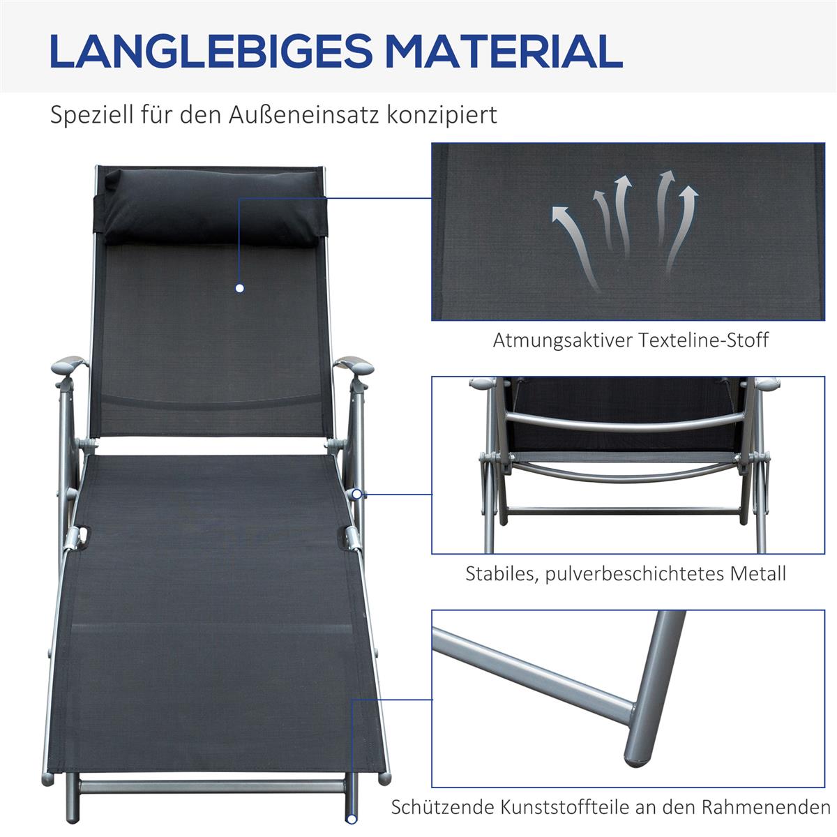 Sonnenliege klappbar Strandliege mit Kissen Liegestuhl mit 7-Fach verstellbare Rückenlehne Gartenliege Relaxliege Gartenstuhl bis 165 kg belastbar, für Garten Urlaub Outdoor, Schwarz