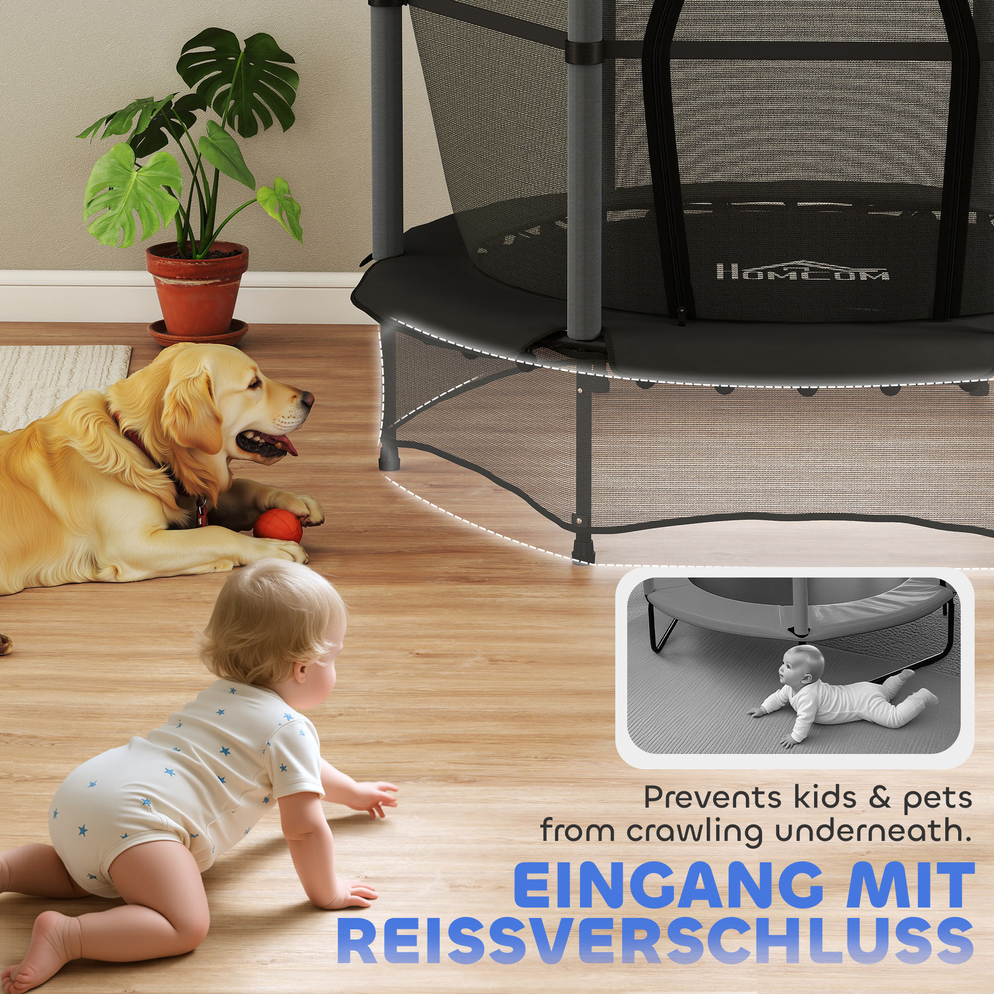 Trampolin für Kinder, Ø140 cm, mit Sicherheitsnetz, für innen und außen, Stahl, Kunststoff, belastbar bis 50 kg, Schwarz