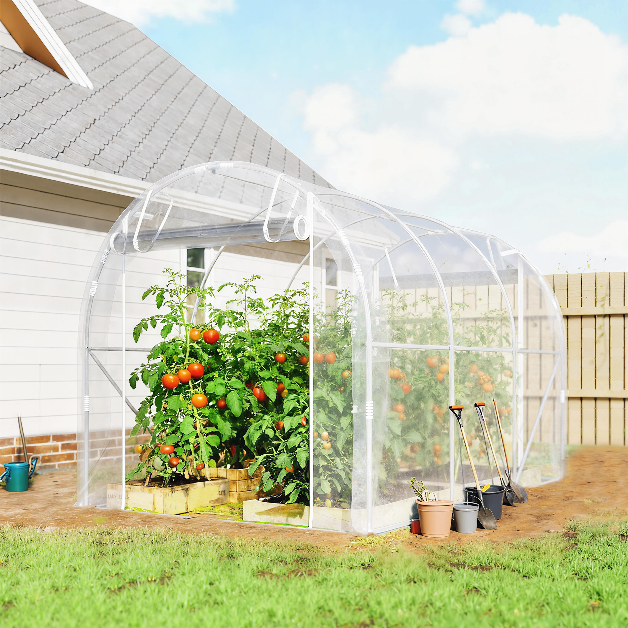 Polytunnel-Gewächshaus, begehbares Gewächshaus mit verzinktem Stahlrahmen und UV-beständiger PE-Abdeckung, transparent