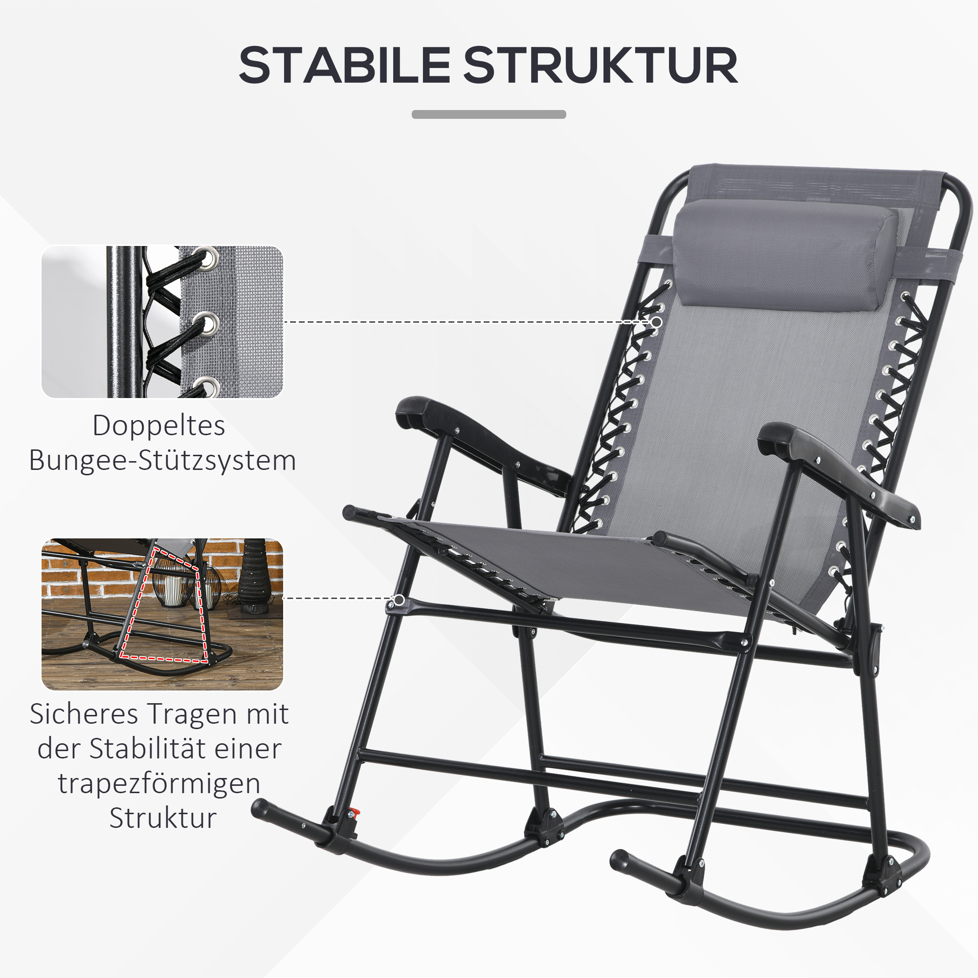 Outdoor Schaukelstuhl, wetterfest, klappbar, mit Kopfkissen, bis 120 kg, Hellgrau