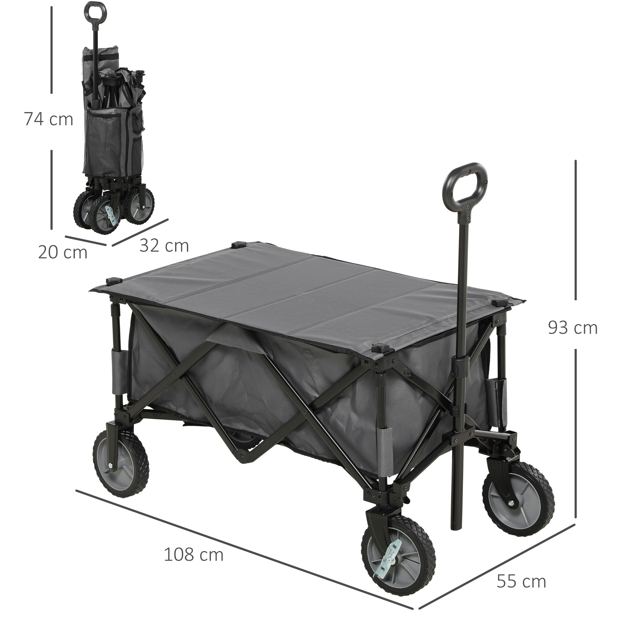 Bollerwagen, klappbar, 5 Seitentaschen, verstellbarer Griff, bis 120 kg, Stahl, dunkelgrau, 100 x 55 x 93 cm