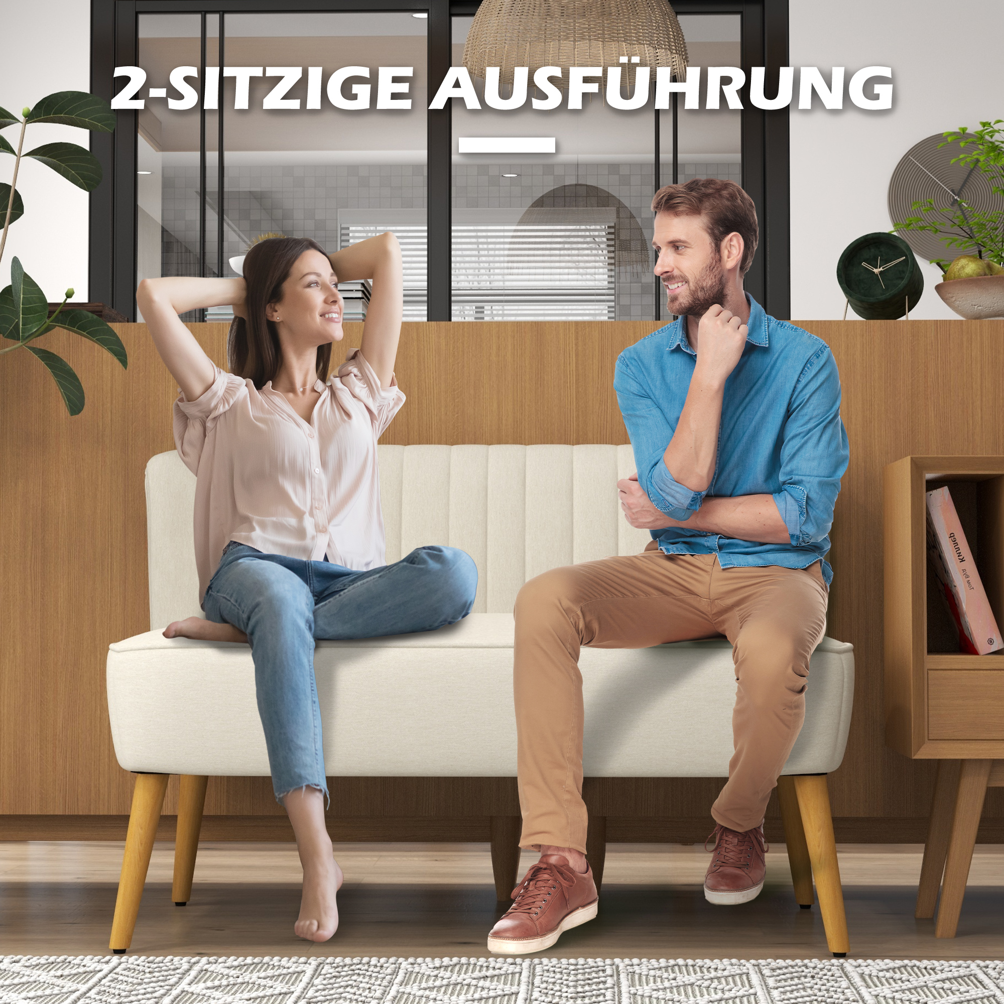 2-Sitzer Sofa, weiche Polsterung, pflegeleichter Bezug, bis 150 kg, 117 x 56,5 x 77 cm, Cremeweiß