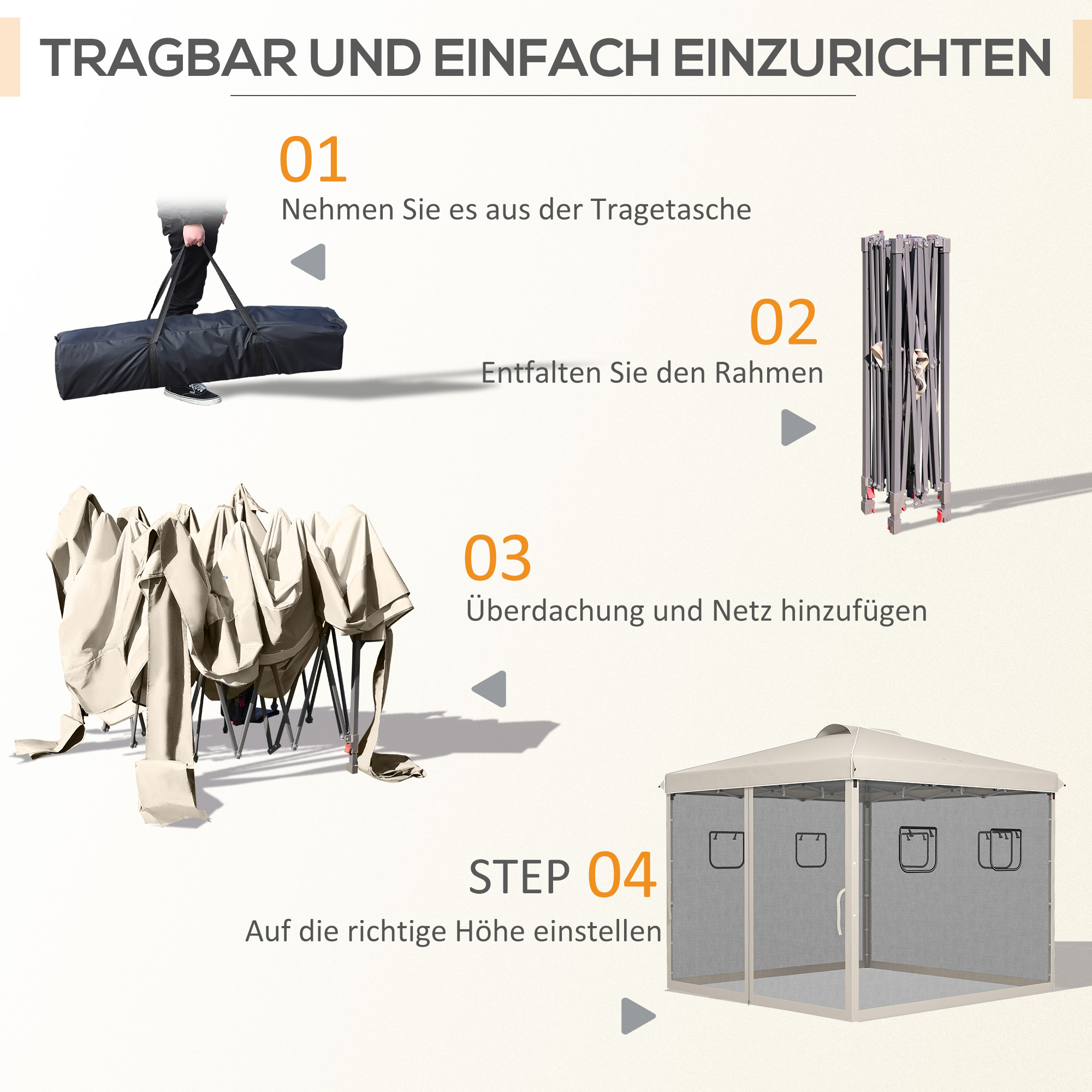 Faltpavillon, höhenverstellbar, Netzvorhänge, Tragetasche, Metallgestell, 3 x 3 x 3 m, Beige