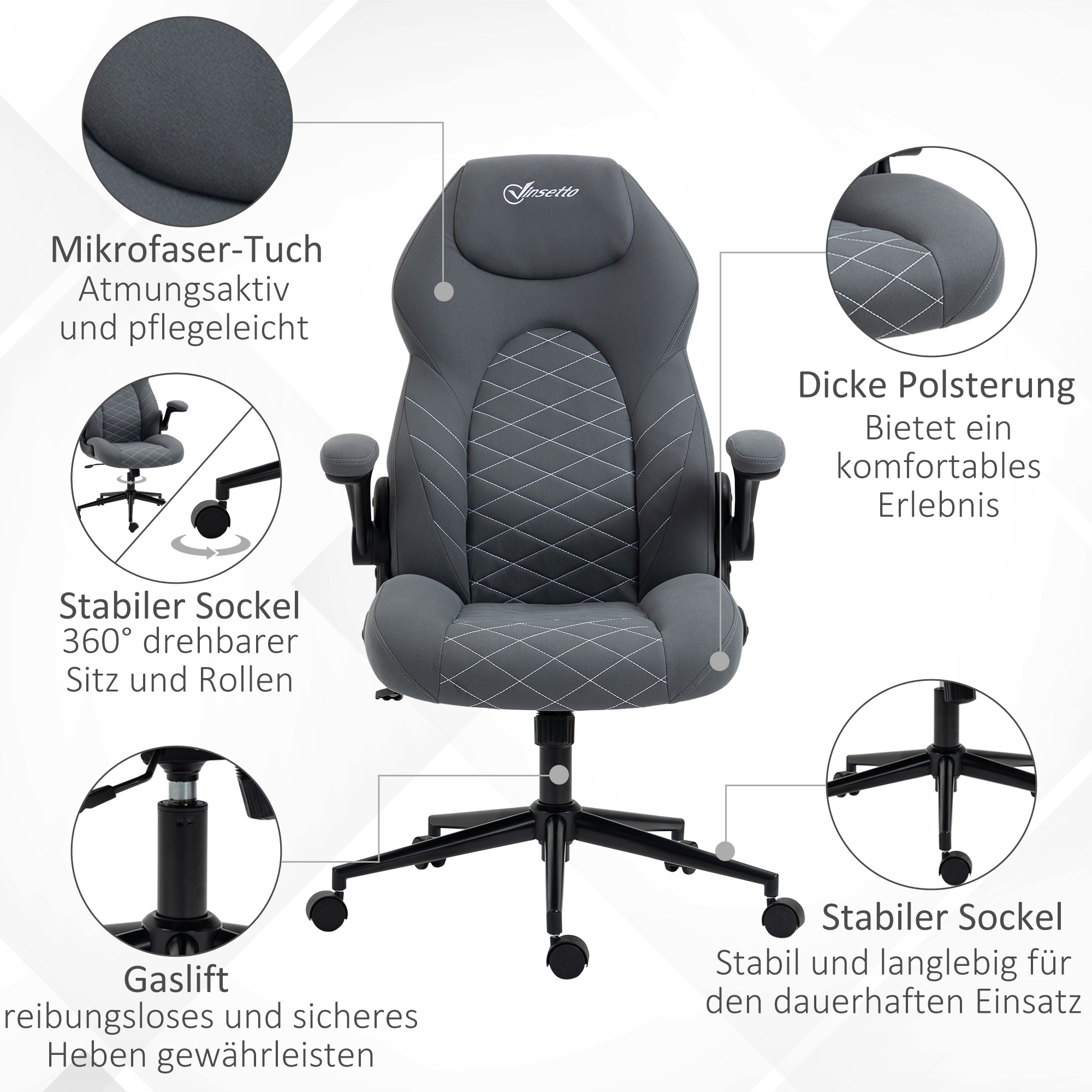 Bürostuhl mit Rückenlehne, höhenverstellbar, klappbare Armlehnen, Wippfunktion, dunkelgrau