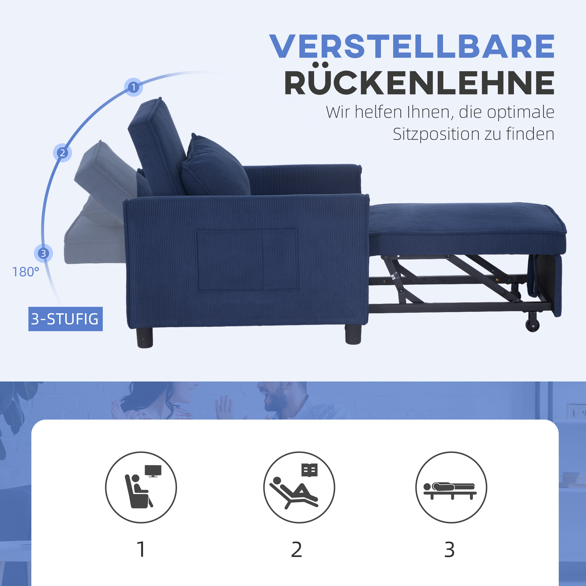 Schlafsessel, verstellbar, 3 Positionen, Cordbezug, bis 120 kg, Blau