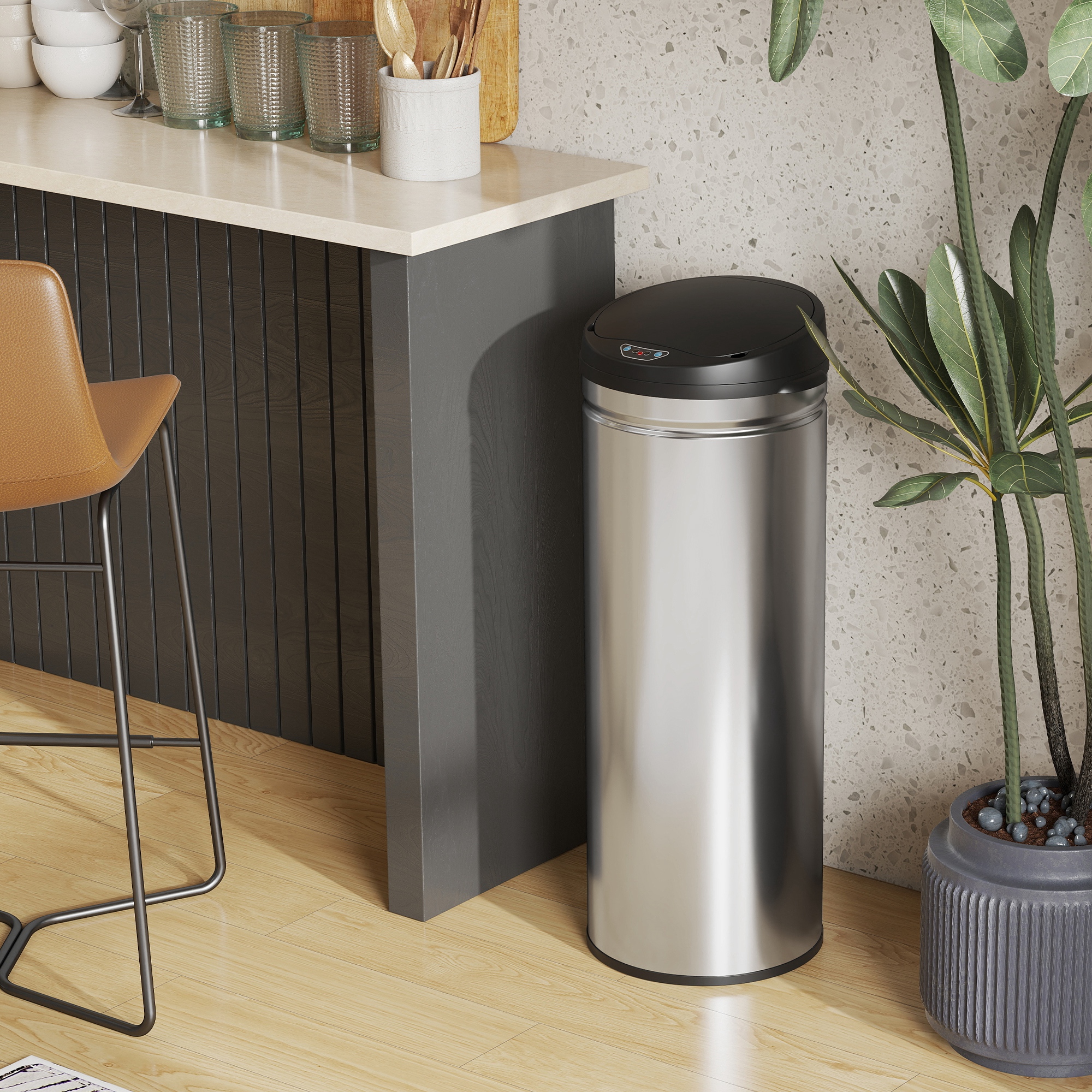 50 Liter Sensor-Mülleimer mit Soft-Close-Funktion, berührungsfreier Abfalleimer aus Edelstahl für hygienische Küchen, Büros, Silberfarben