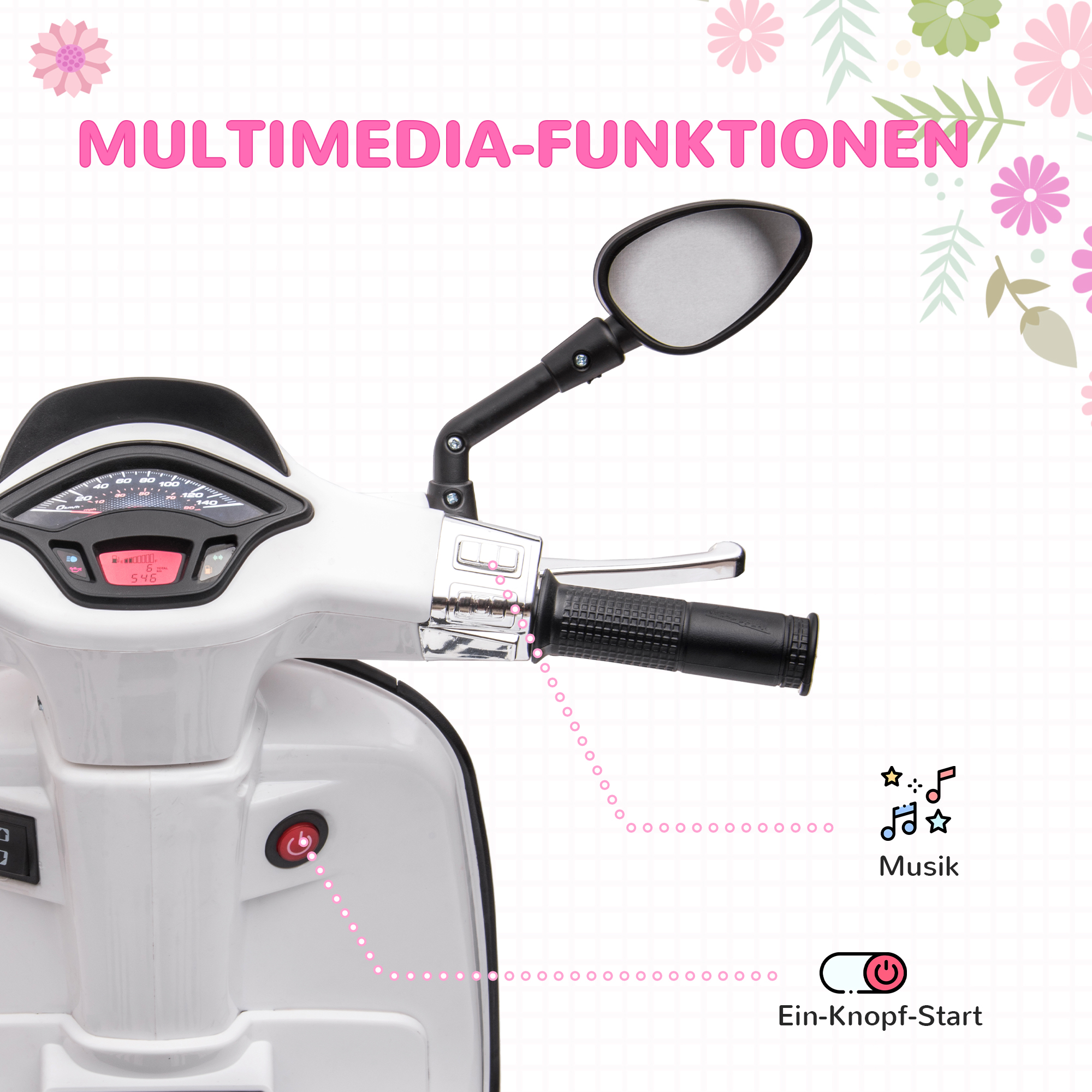 Elektro-Kindermotorrad, Vespa, 3 km/h, 3-6 Jahre, Musik, Licht & Radio, Weiß