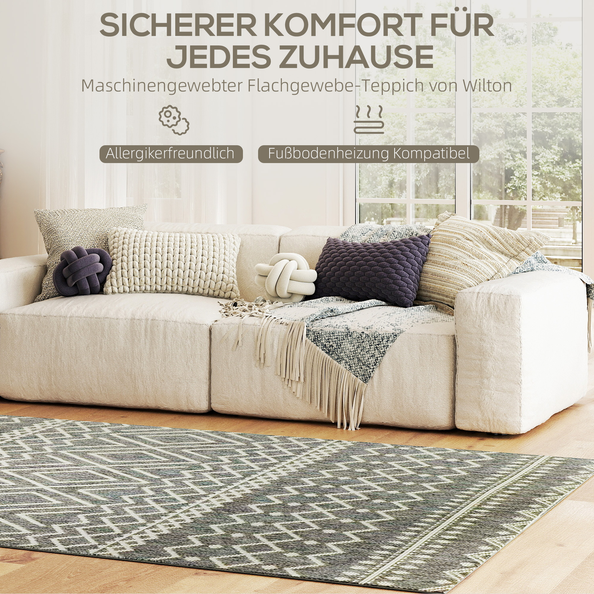 Teppich für drinnen und draußen, Boho-Design, leicht zu reinigen, Grau