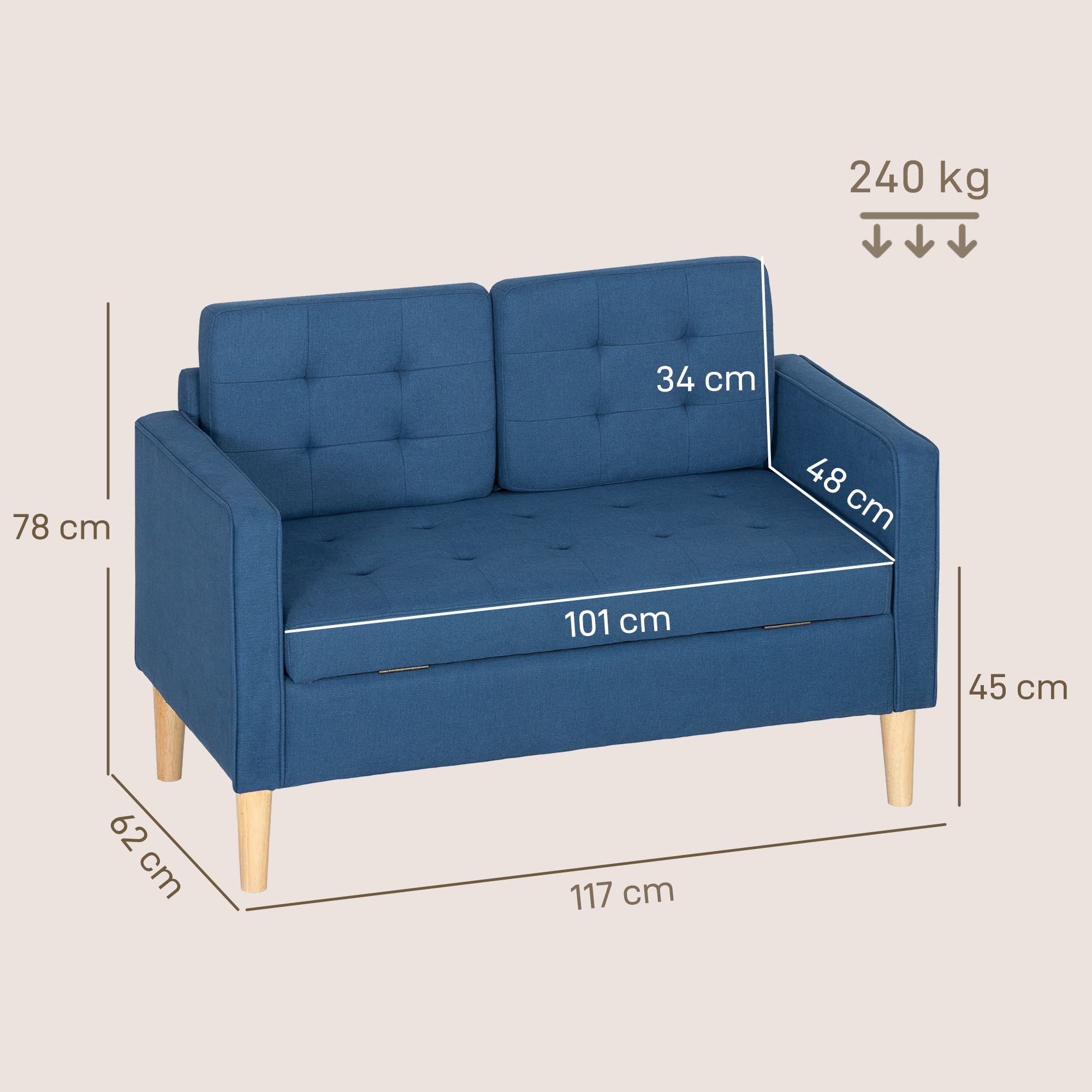 Zweisitzer-Sofa mit Stauraum, Knopfheftung, Kissen, Kautschukbaumholz, 117x62x78cm, Blau