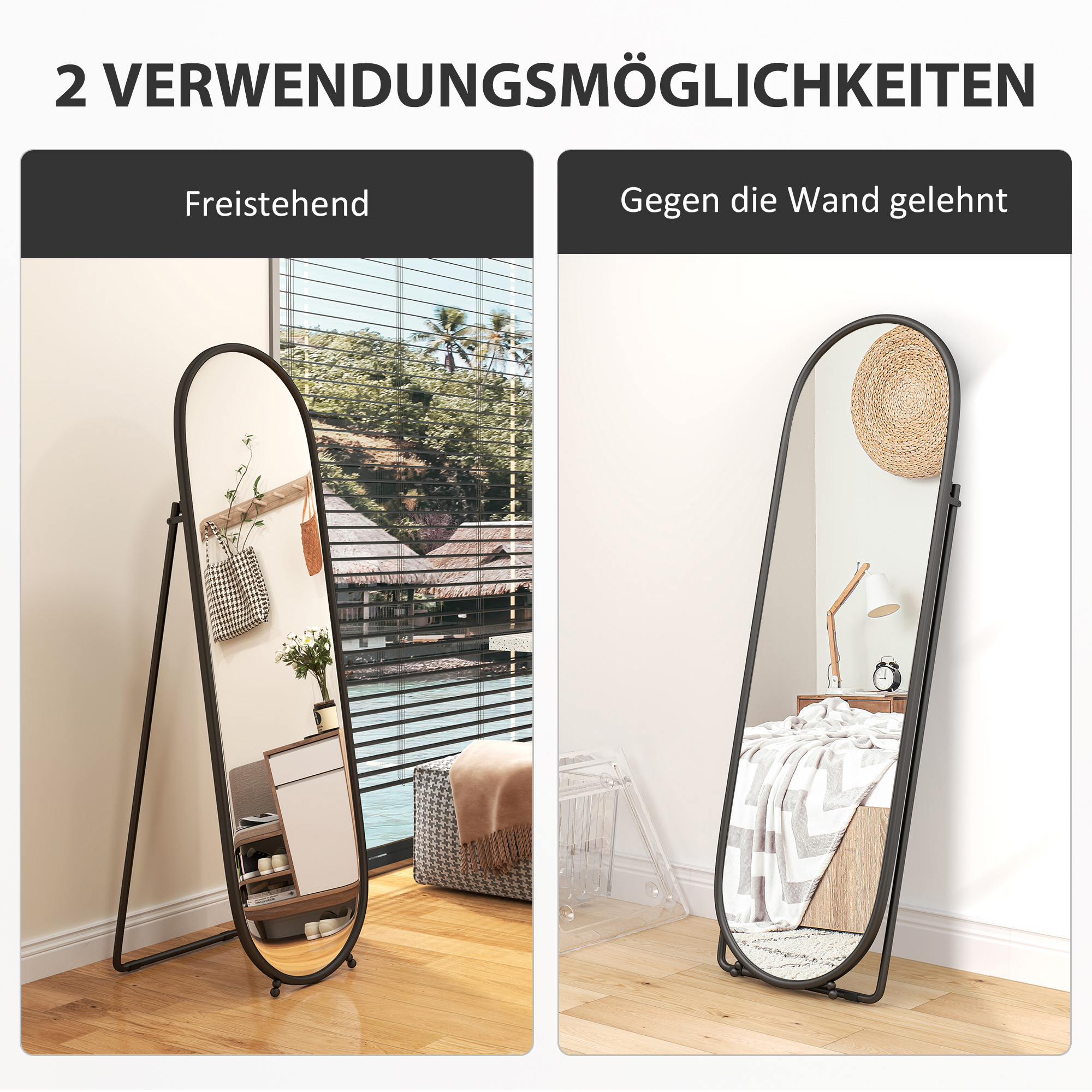 Ganzkörperspiegel, ovale Form, freistehend, Metallrahmen, 40x160cm, Schwarz