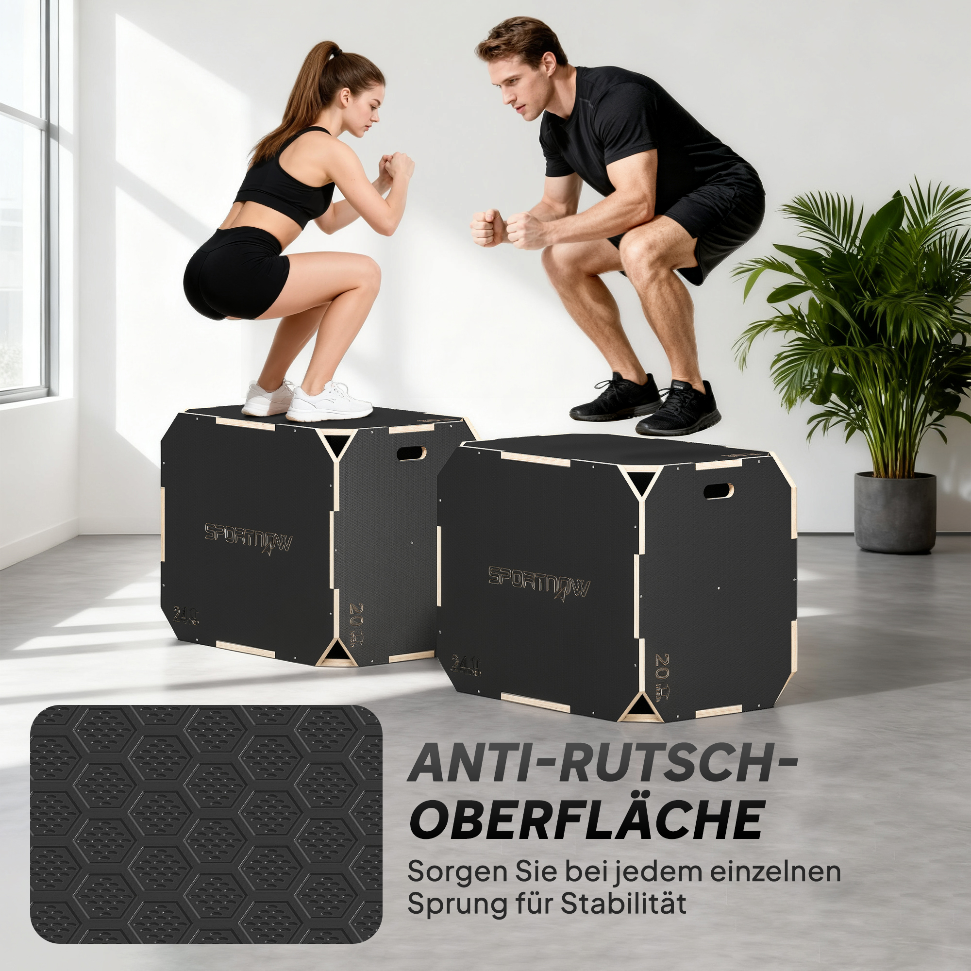3-in-1 Plyo-Box, Sprungbox mit Griff-Öffnungen, für Home-Fitness und Outdoor-Workouts, 3 Sprunghöhen, Holz, Schwarz