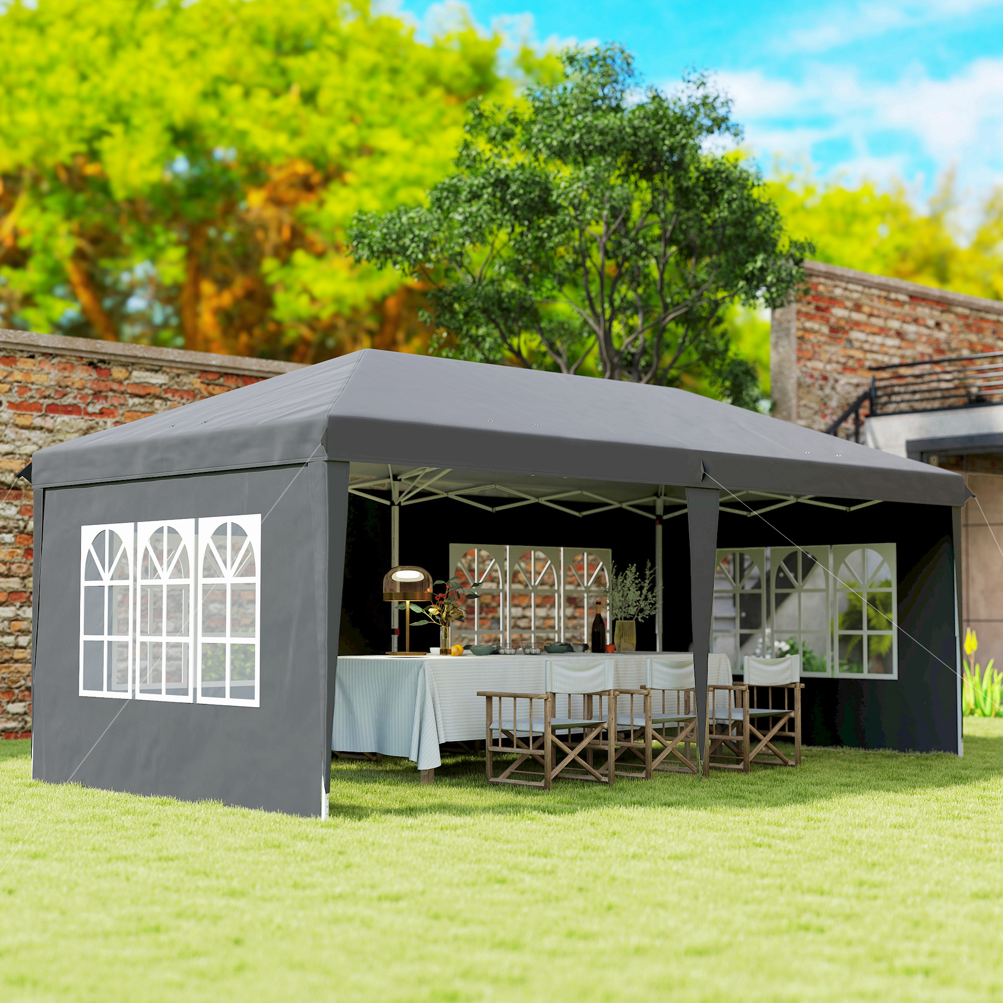 Pavillon ca. 3x6m Wasserdicht Pop-up Faltpavillon mit 4 Seitenwänden, Fenster UV-Schutz Tragetasche Grau