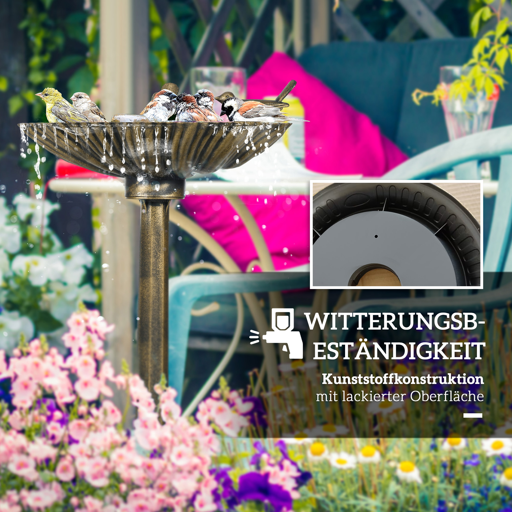 Vogeltränke, Vogelbad mit Statuen, 2 Becken, Kunststoff, antiker Look, 49,5L x 38B x 81H cm, Bronzefarben