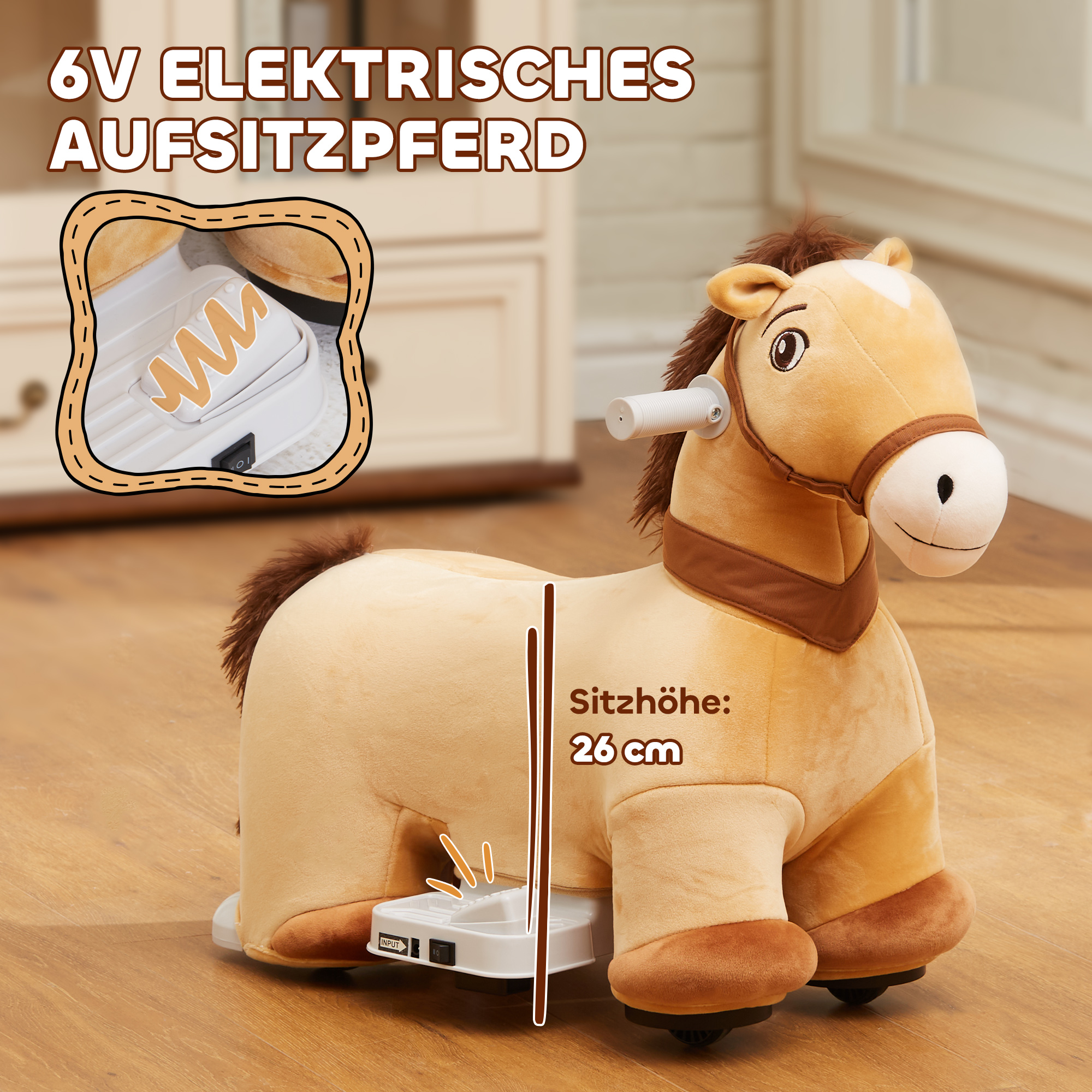 6V Elektrisches Reitpferd für Kinder, Batteriebetrieb, Mit Musikfunktion und Vorwärtsbewegung, 18-36 Monate, Braun