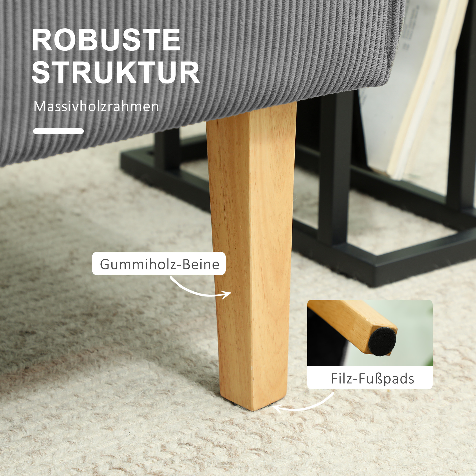 Zweisitzer-Sofa mit Cord-Bezug, dicker Polsterung und soliden Holzbeinen für Wohnzimmer, Schlafzimmer, Büro, Grau